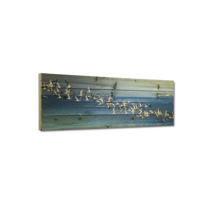 12" x 36" Birds in Flight Print on Planked Wood Wall Sign Panel Blue - Gallery 57