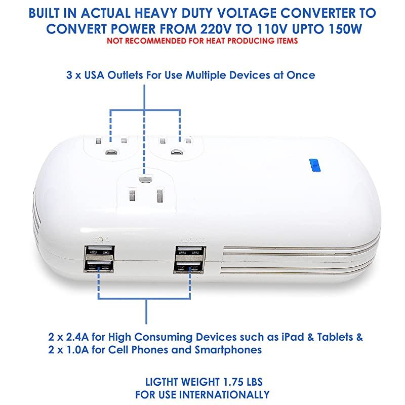 150W Travel Voltage Converter with 3 Outlets + 4 USB inputs FrustrationFree Packaging