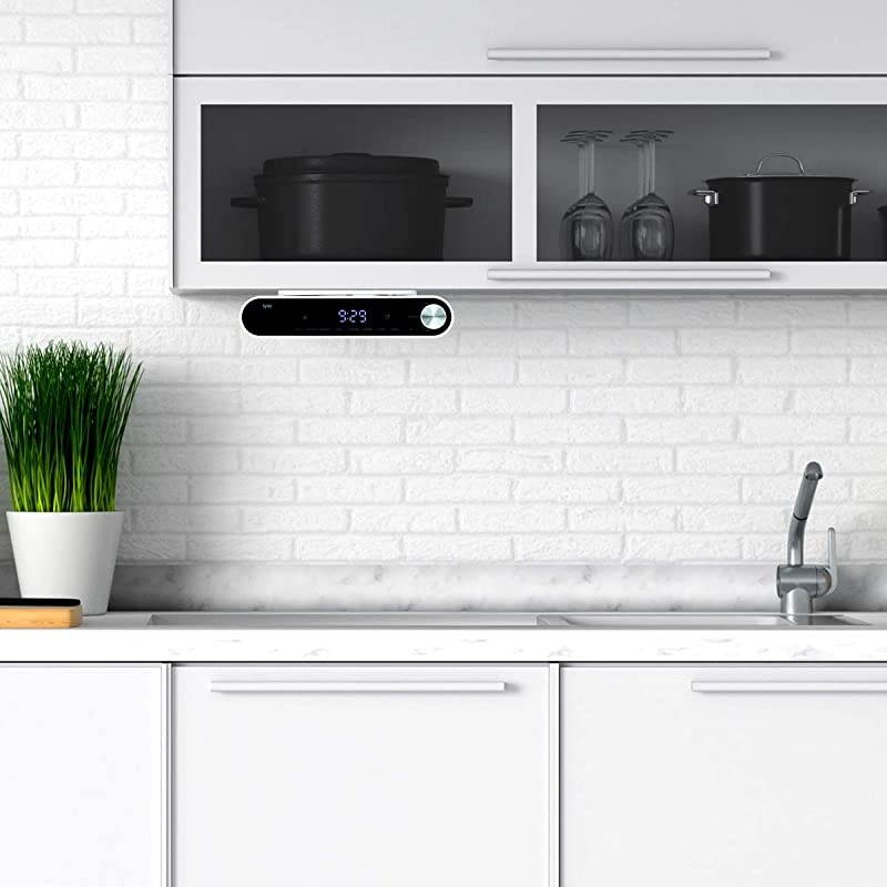 Bluetooth Under The Cabinet Universal Wireless Music System, Kitchen Clock Radio, FM Radio, Digital Clock, Hands Free Speakerphone, LED Work Surface Lighting - White (TKS2-WH)