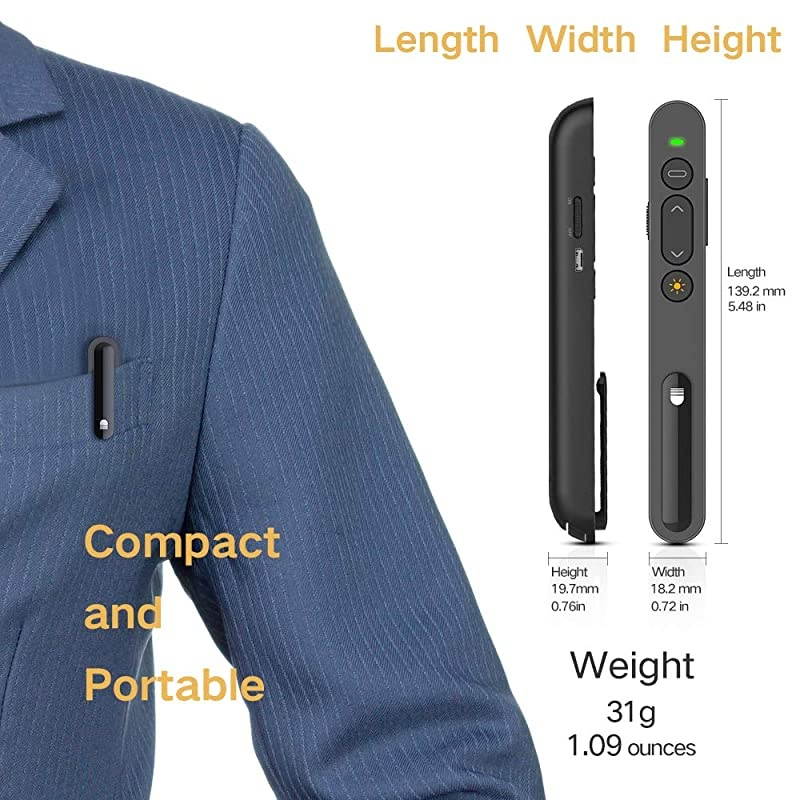 Wireless Presenter Remote Laser Pointer 24GHz USB Control Presentation PPT PowerPoint Clicker for Mac Keynote Laptop Google Slides Support Hyperlink and Volume Control