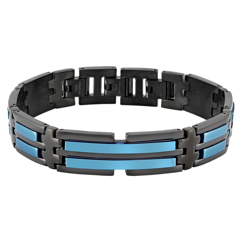 Men's Crucible Black Plated Two-Tone Stainless Steel Blue Striped ID Link Bracelet (14mm) - Black/Blue (8.25")
