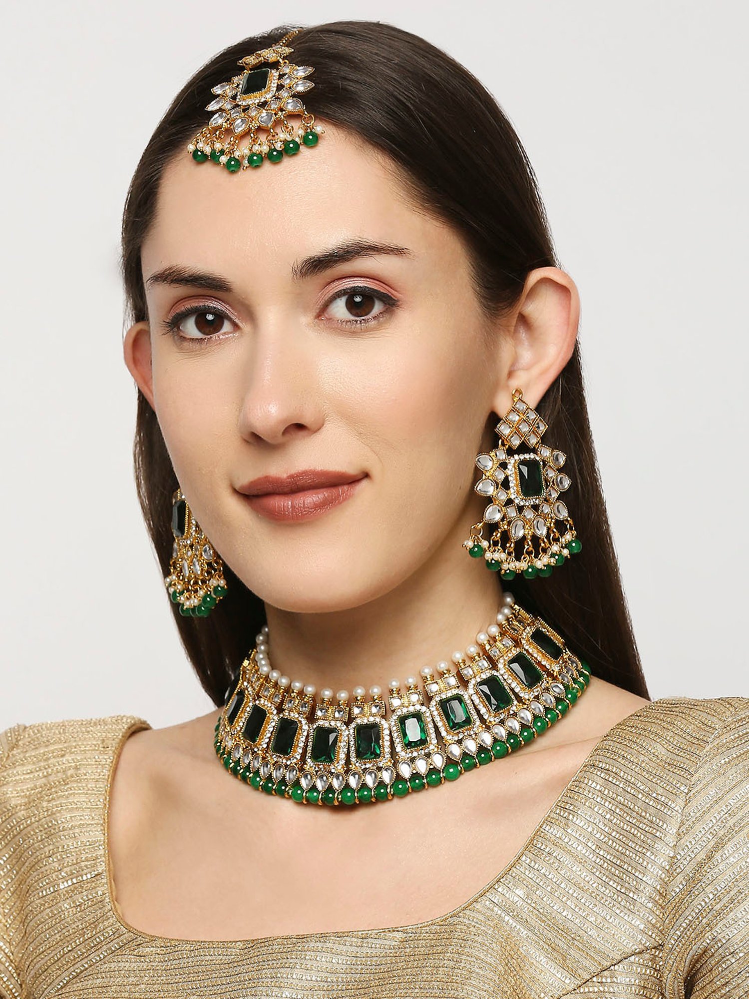 OOMPH Green Stone & Kundan Heavy Pearl Choker Necklace Set with Drop Earrings & Maangtikka