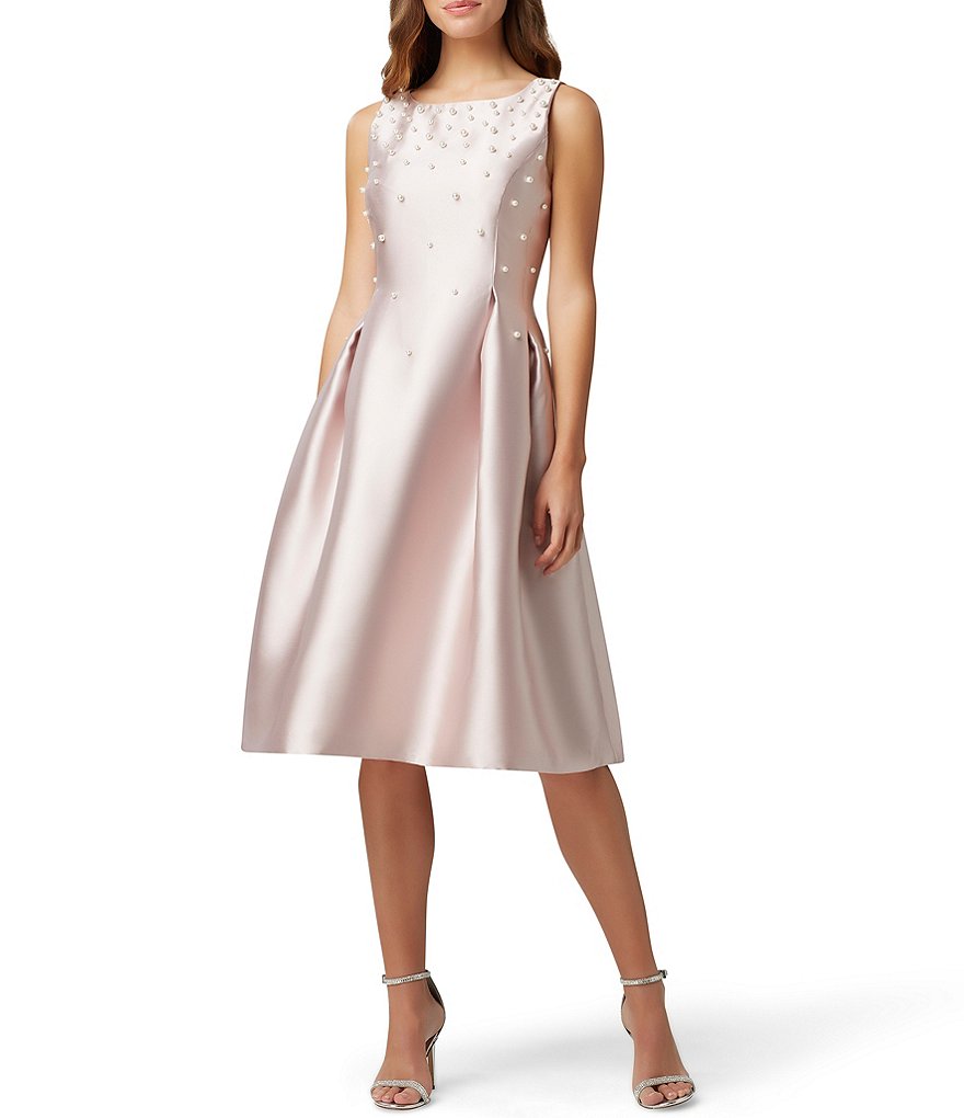 Tahari ASL Jewel Neck Embellished Pearl Tea Length Sleeveless Fit & Flare Dress