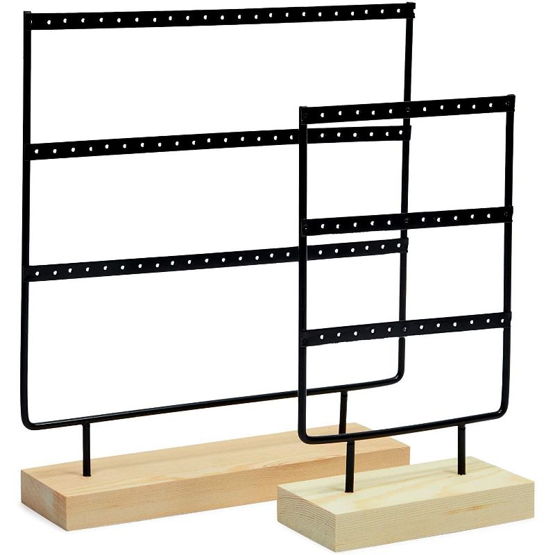 Farmlyn Creek 2-Pack Black Metal Earring Holders, Modern Jewelry Holder with Wooden Stand (2 Sizes)