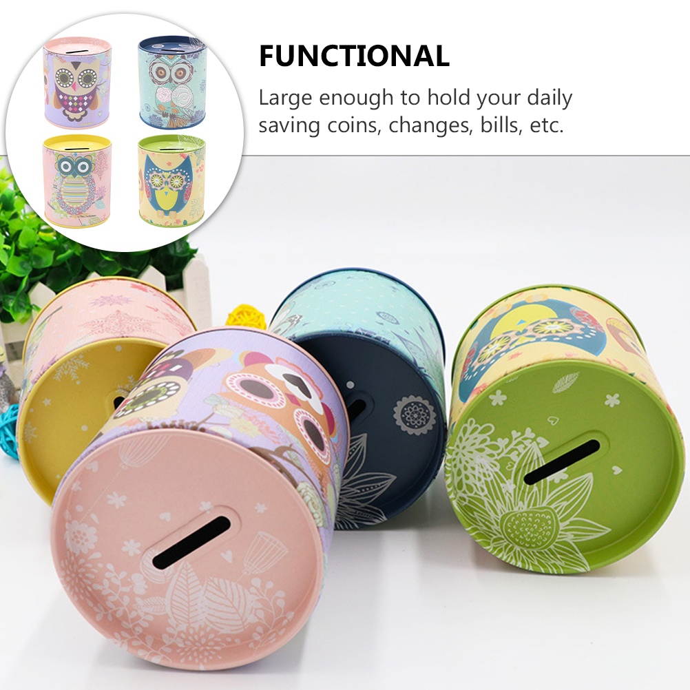 4pcs Owl Pattern Saving Boxes Piggy Banks Tinplate Money Boxes for Children