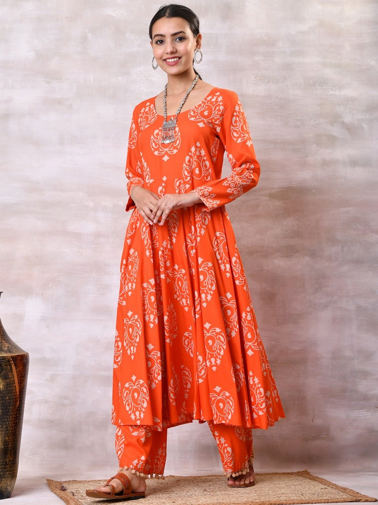 Rustorange Orange Printed Kurta Pant Set With Dupatta
