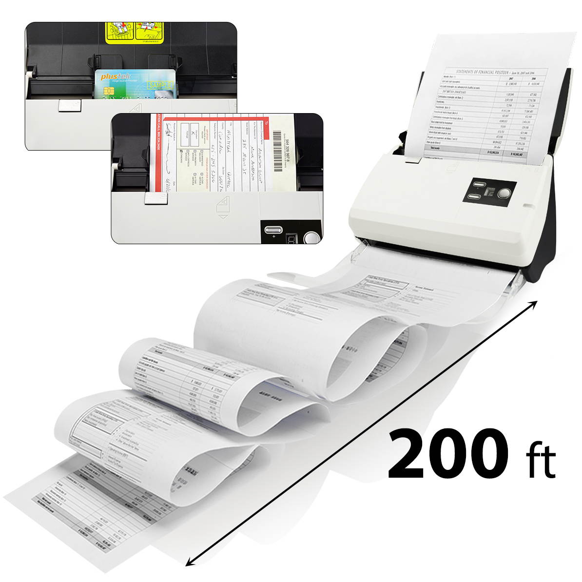 Plustek PS30D double-sided document scanner, with 50 sheets Auto Document Feeder (ADF). Searchable PDF Function by Abbyy OCR. Support Mac and PC