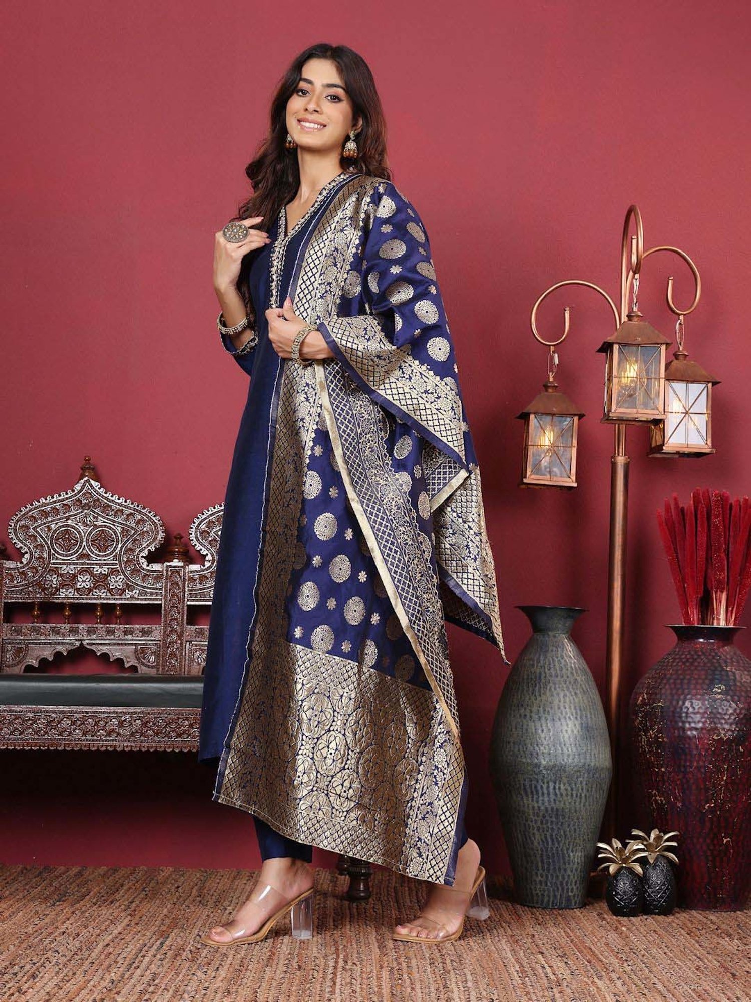 Varanga Blue Embroidered Kurta & Pant Set With Dupatta