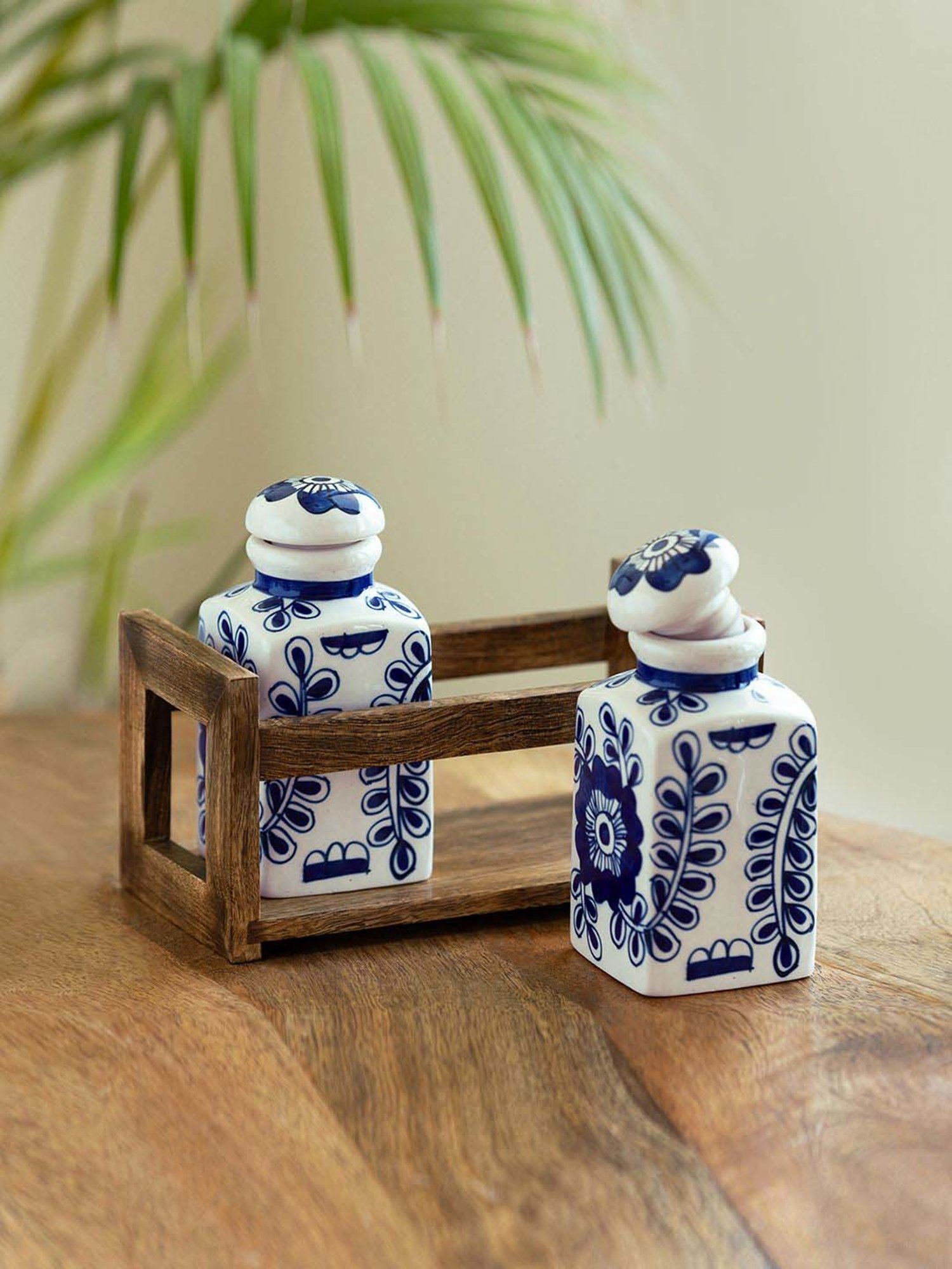 ExclusiveLane Ink Blue & White Ceramic Mughal Floral Storage Jars & Containers