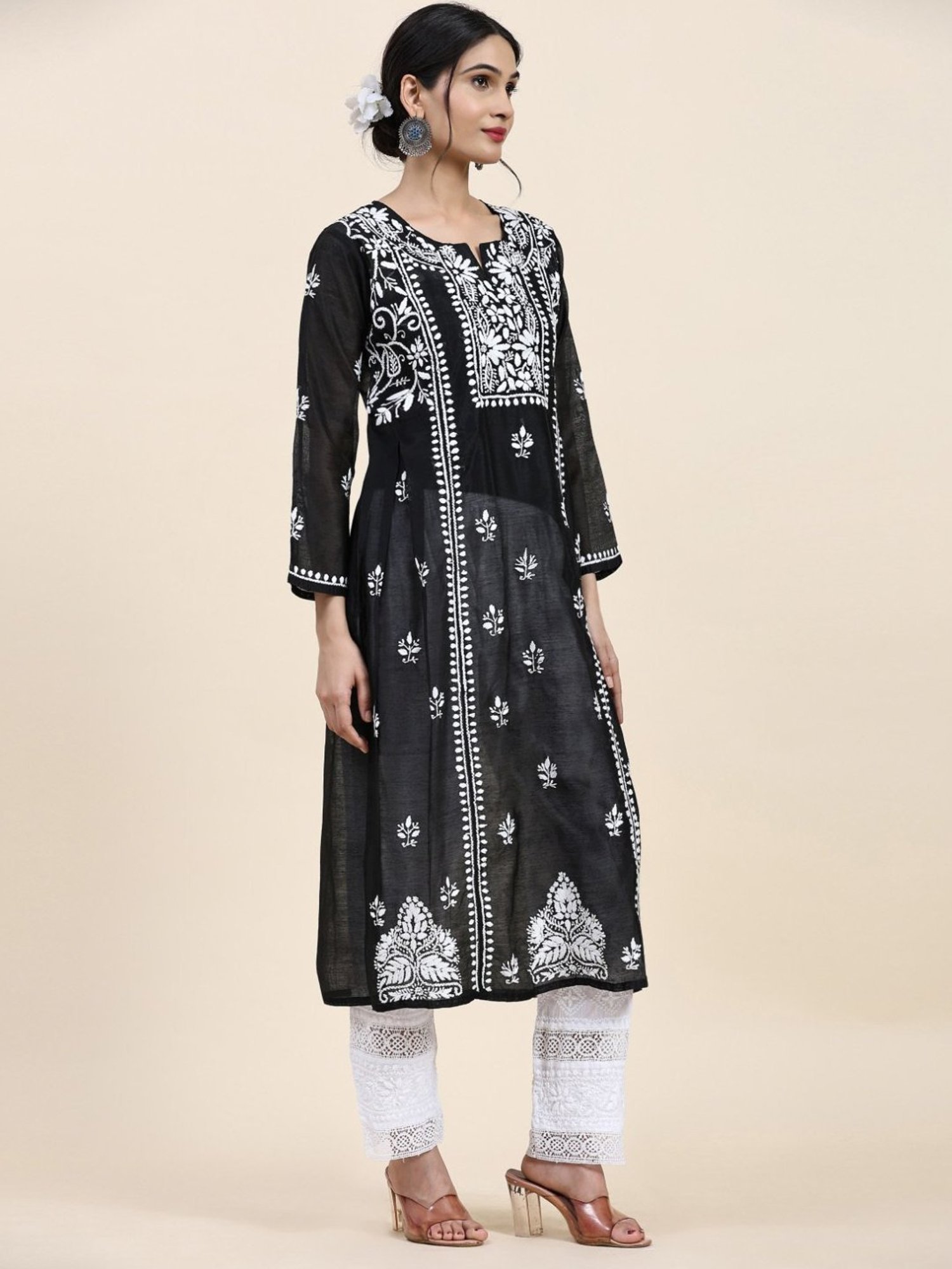 House Of Kari Samma Chikankari Long Kurta in Chanderi Silk for Women- Black