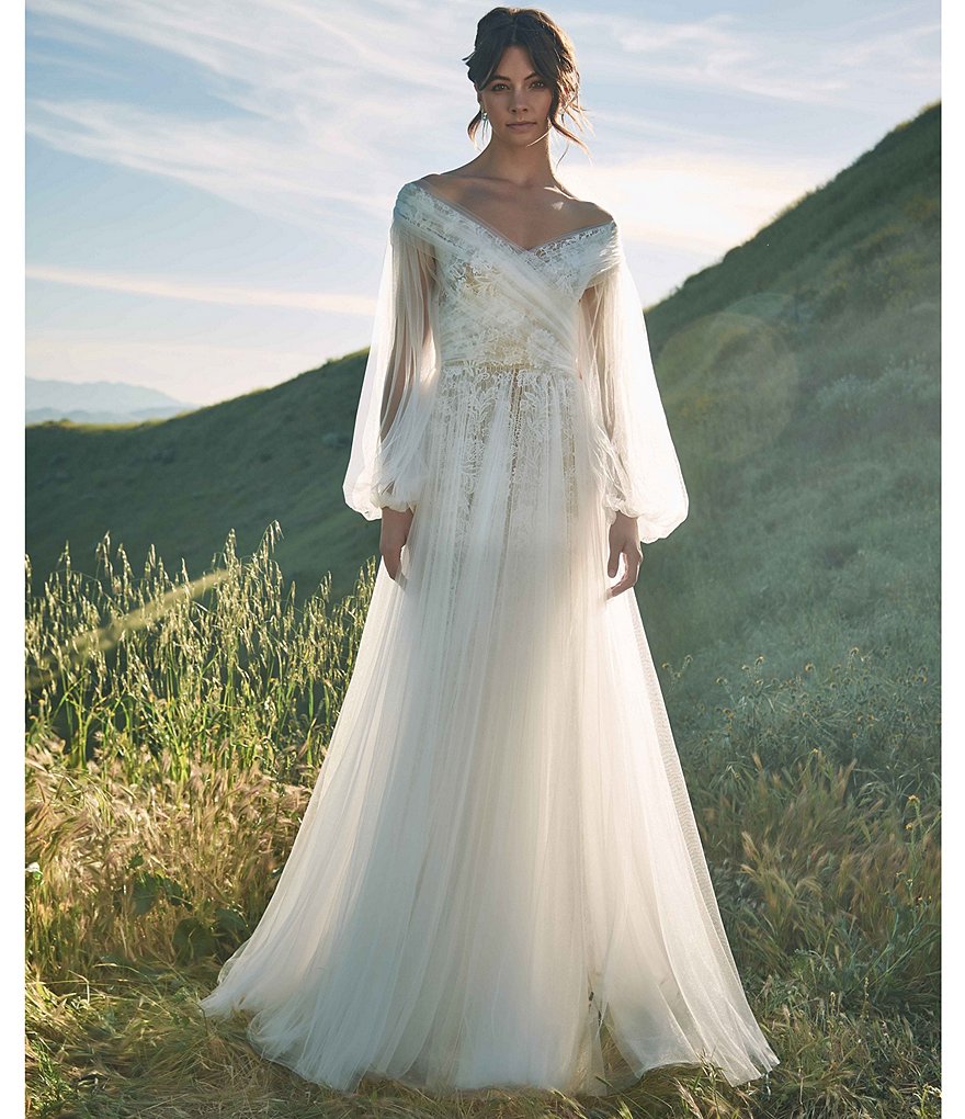 Tadashi Shoji Lace Tulle Layered Off-the-Shoulder Balloon Sleeve Bridal Ball Gown