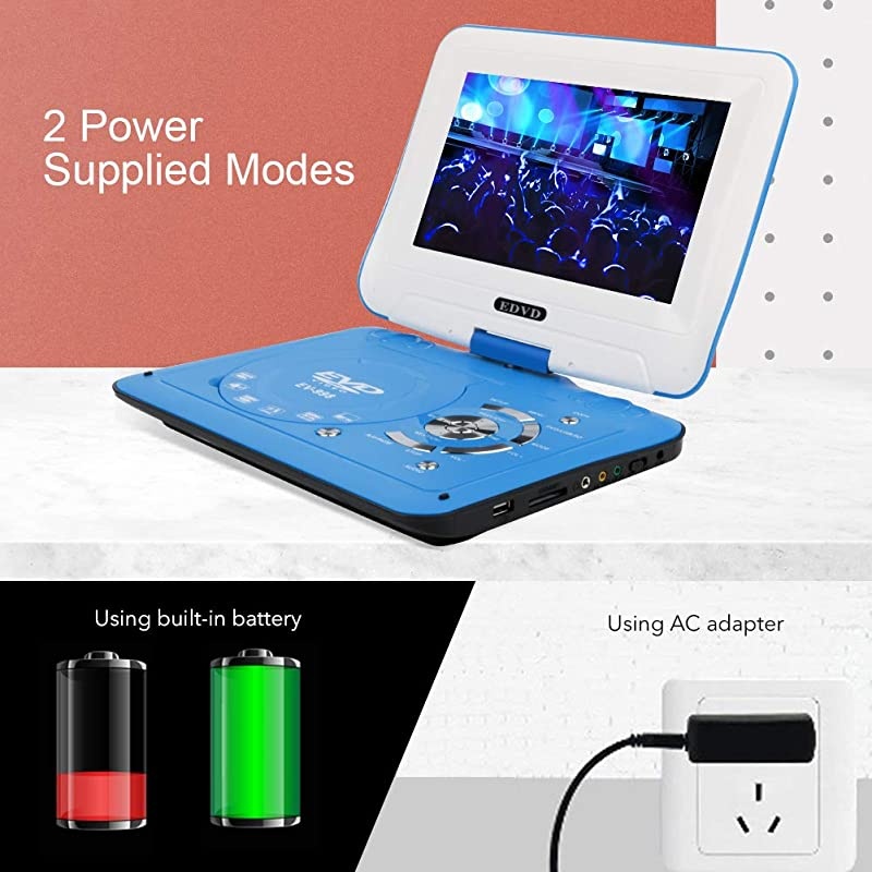 9.8" Portable DVD Player Supports SD Card/USB Port/CD/DVD, Rede Controller,2 Hour Rechargeable Battery, 9" Eye-Protective Screen, Support AV-in/Out,Region Free (Blue)