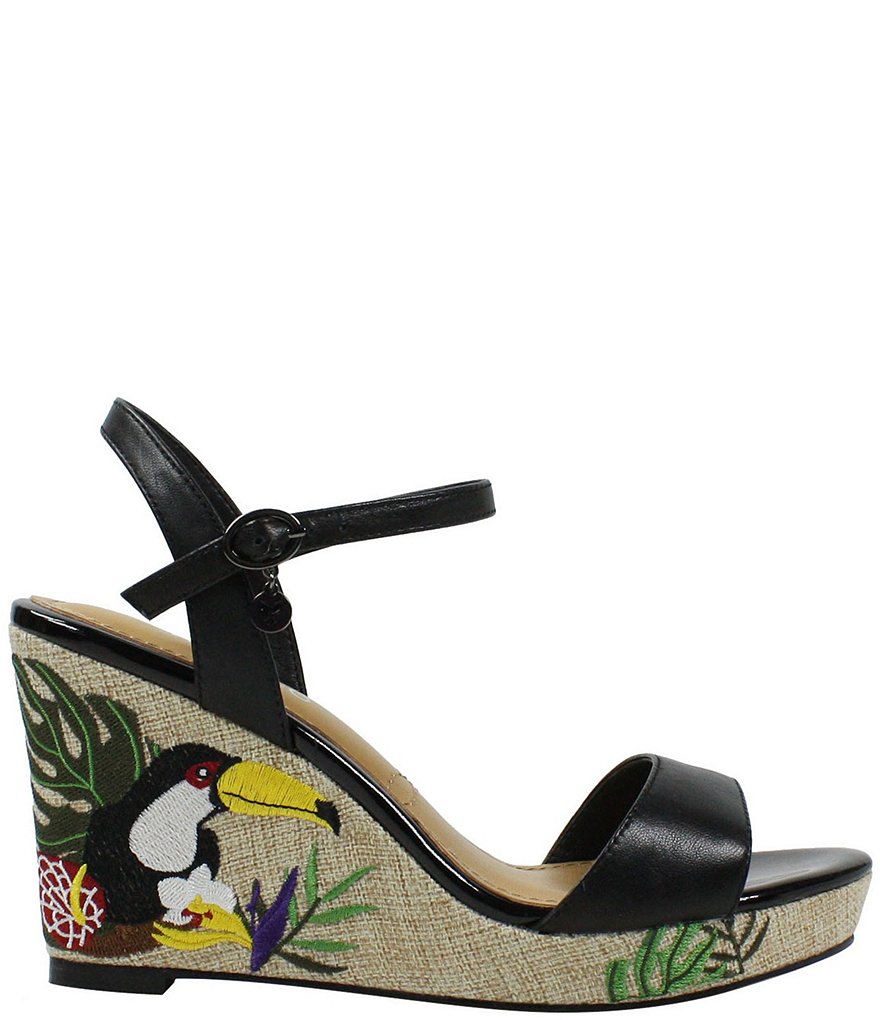 J. Renee Triella Leather Toucan Embroidered Platform Wedge Sandals