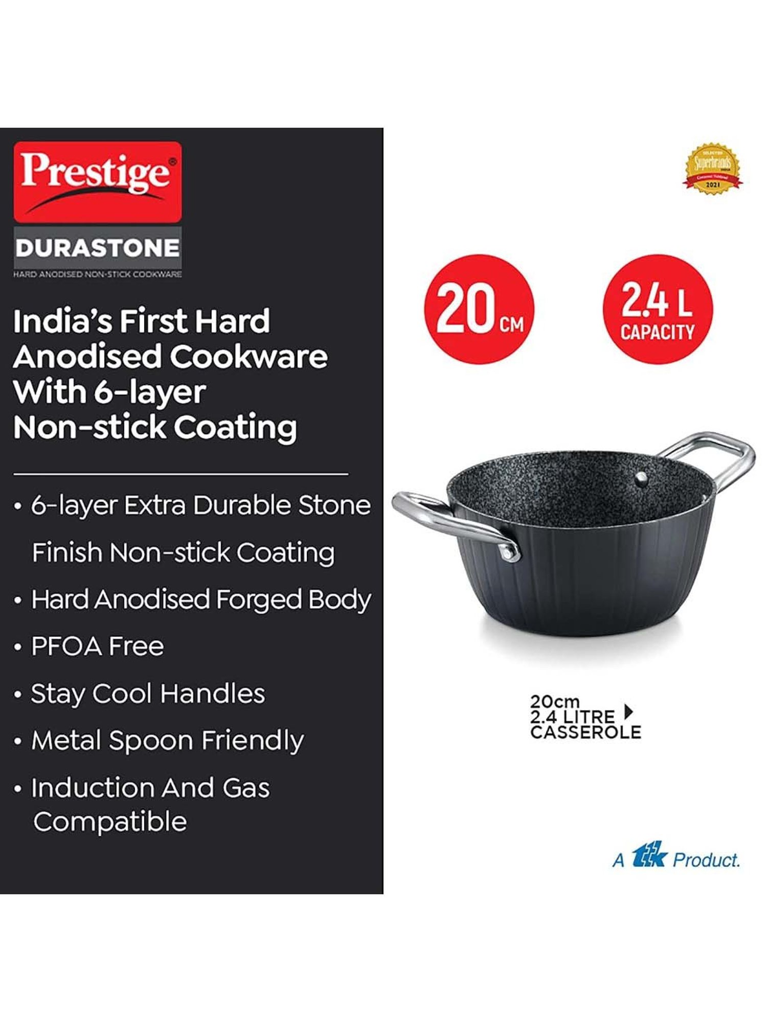 Prestige Black Hard Anodised 20 cm Non-Stick 6-Layer Casserole With Lid (2.4 L)