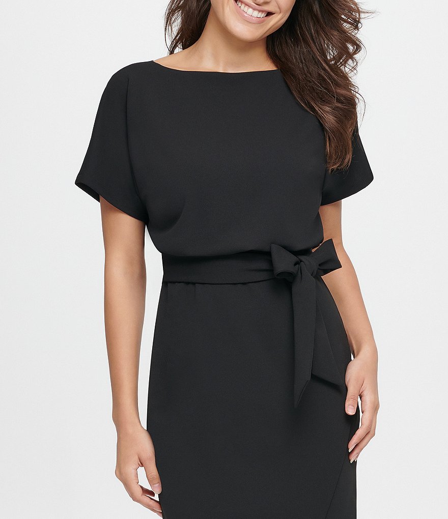 Kensie Textured Knit Boat Neck Tie Waist Short Sleeve Blouson Dress