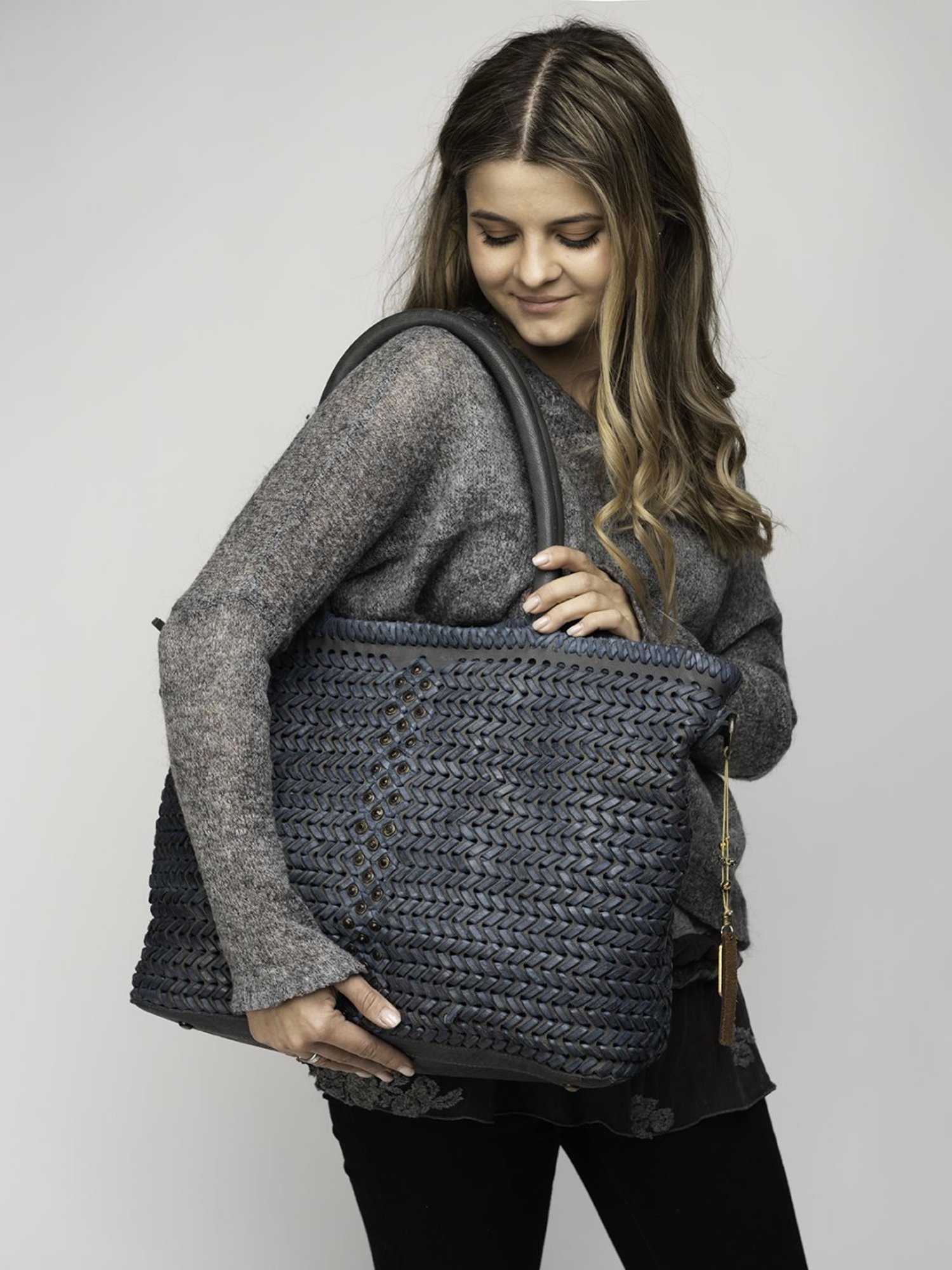 Art N Vintage Joelle Blue Leather Textured Large Tote Handbag