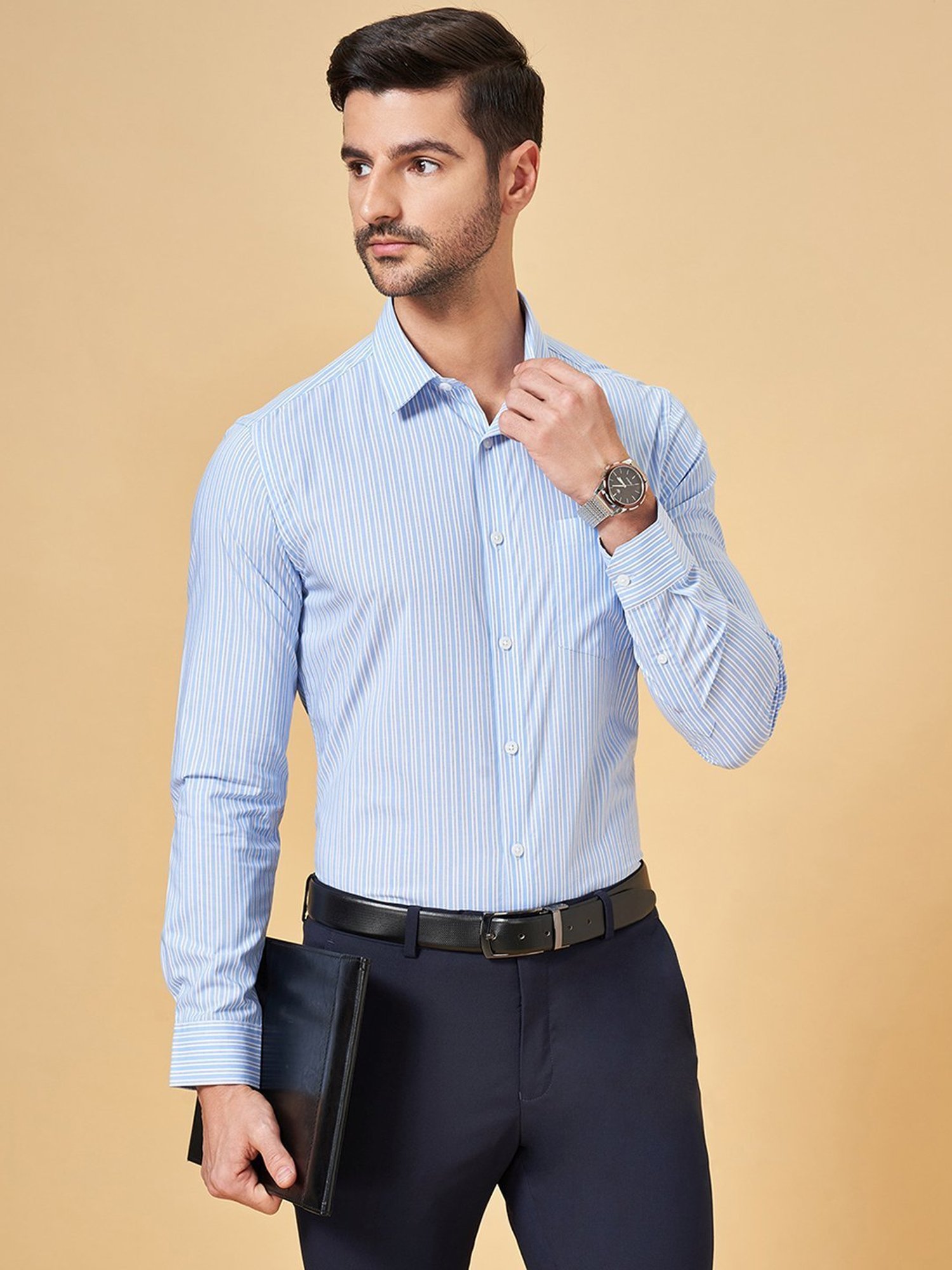 Peregrine by Pantaloons Cornflower Blue Cotton Regular Fit Striped Shirt