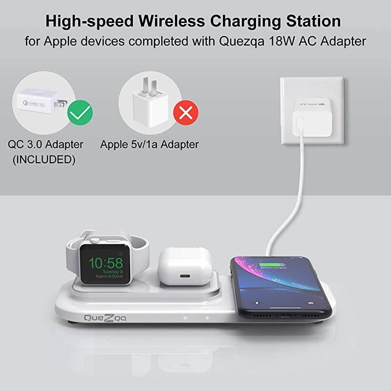 Wireless Charging Station 3 in 1 Wireless Charging Pad Fast Wireless Charger Dock Compatible with Airpods Pro2 Apple Watch Series 5 4 3 2 iPhone 11 12 Pro Max Xs Xr X with QC 30 Adapter