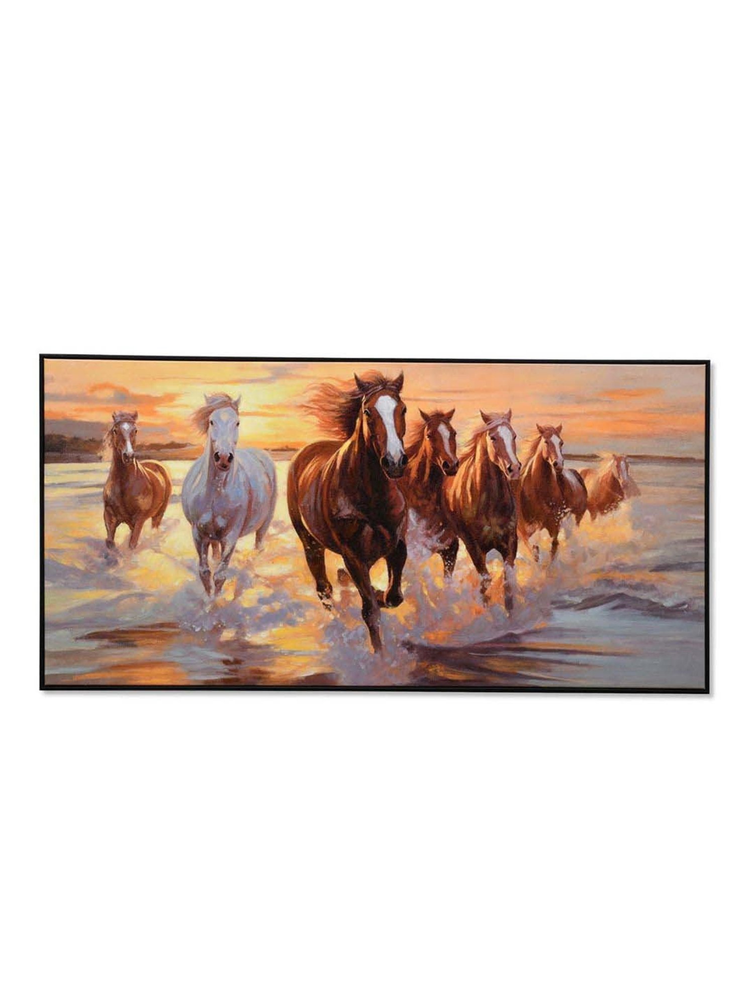 @home Brown Canvas Seven Horses On Water Wall Painting