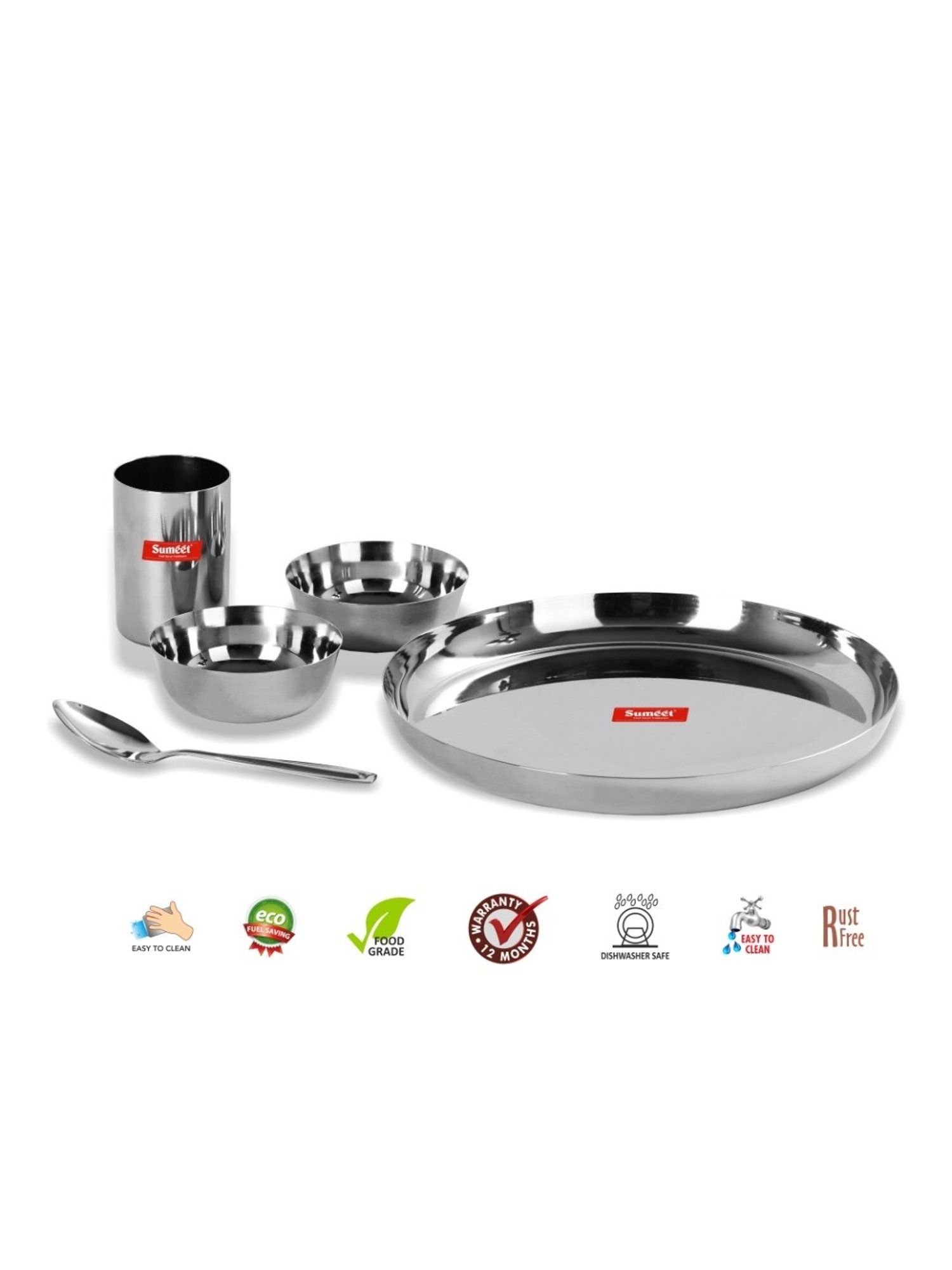 Sumeet S.S.Heavy Gauge Mirror Finish Buffet set/Dinner Set-5Pc(1 Plate,2 Bowl/Wati,1 Glass,1 Spoon)
