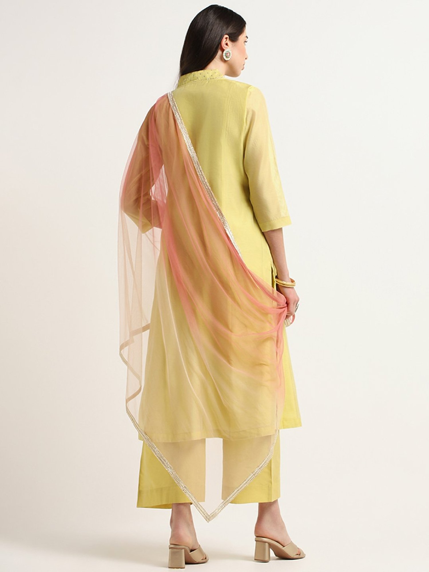Vark by Westside Mustard Embroidered Kurta, Pants & Dupatta Set