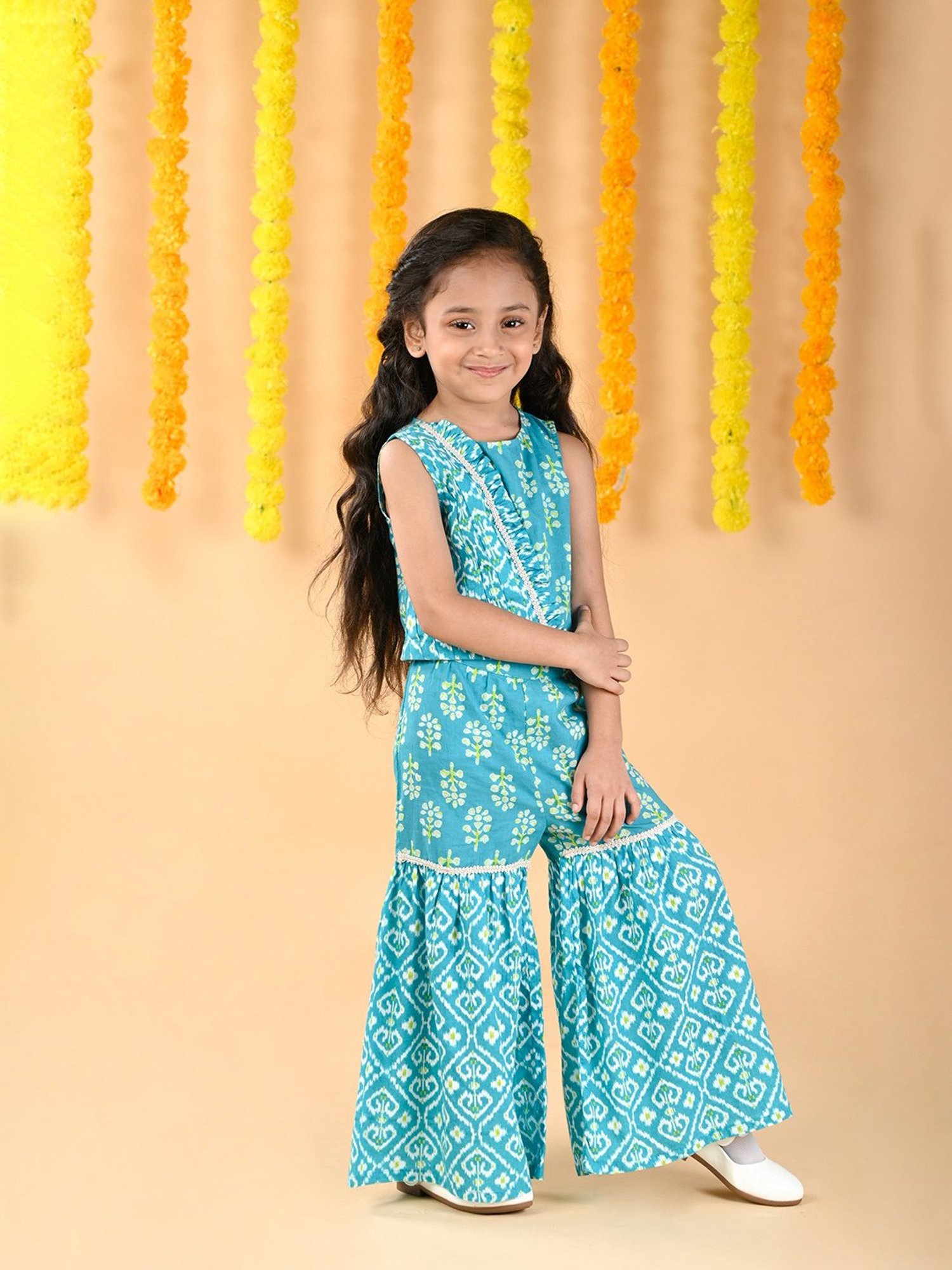 Budding Bees Kids Turquoise Floral Print Top, Sharara with Sling Bag