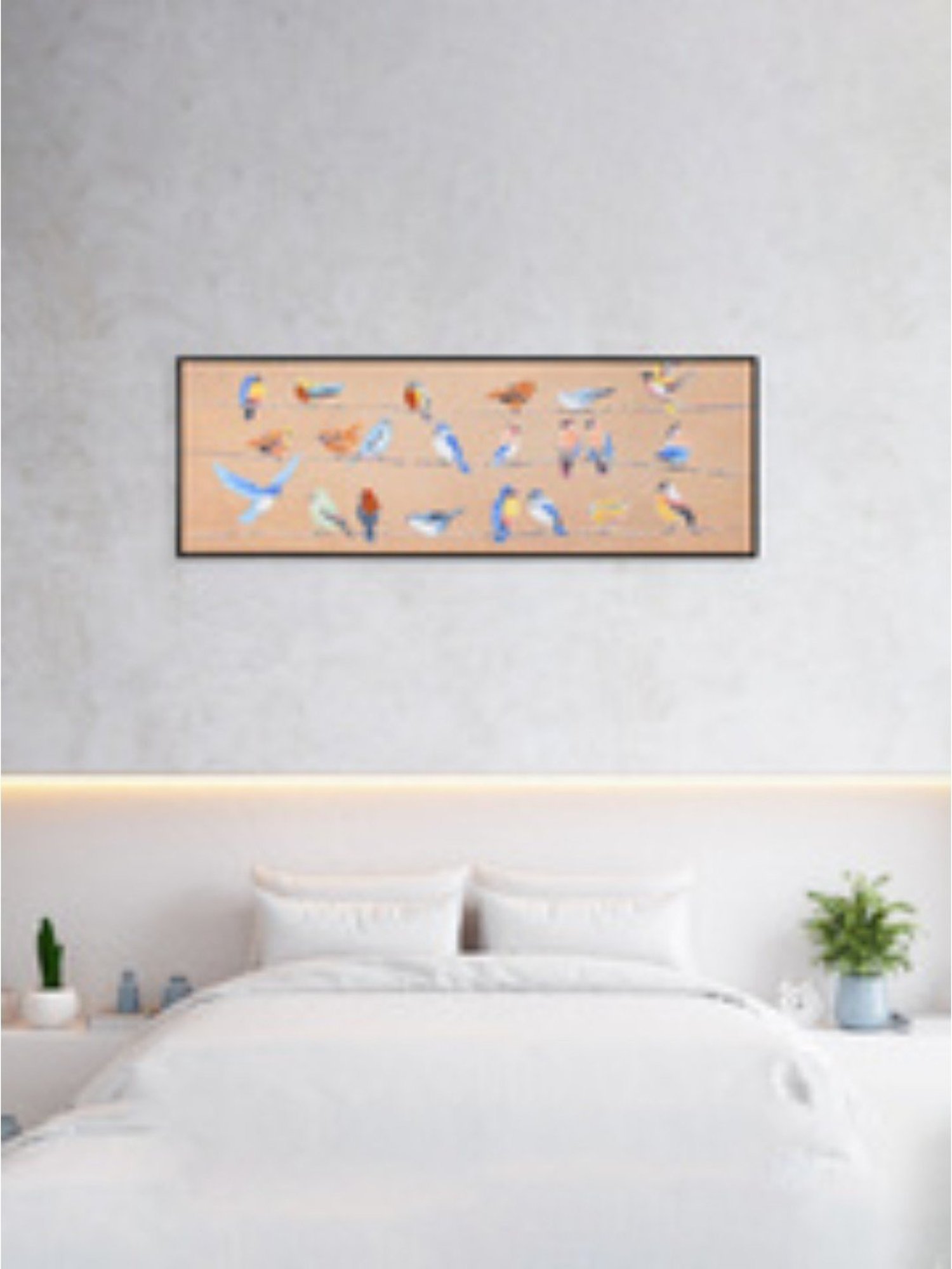 @home Mustard Wood Birds Chatter Canvas Wall Painting