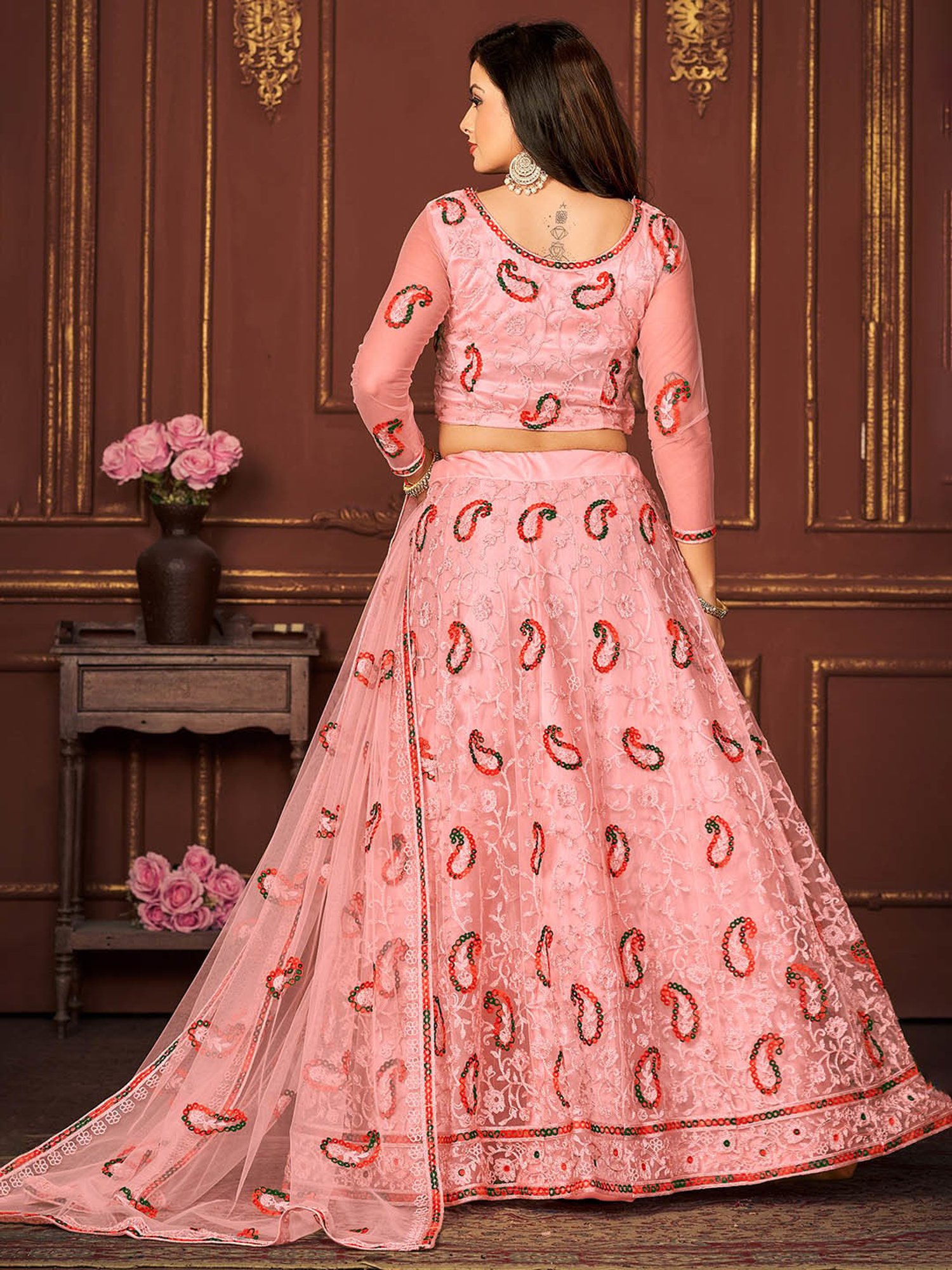 Warthy Ent Peach Embroidered Lehenga Choli Set With Dupatta