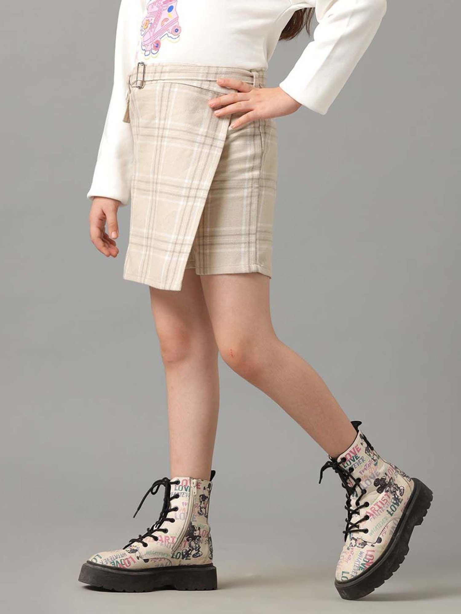 Under Fourteen Only Kids Beige Cotton Chequered Full Sleeves Skirt