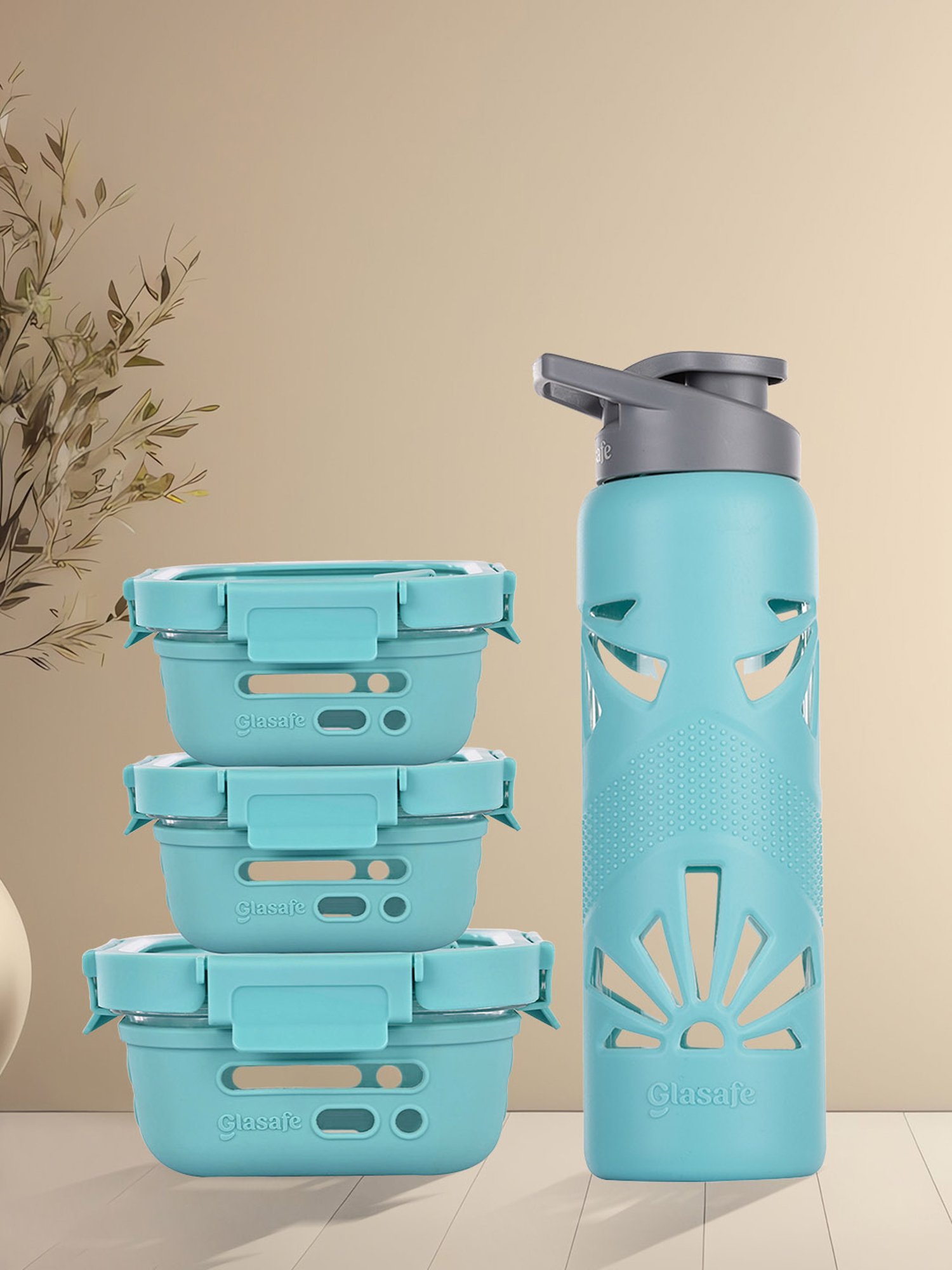 Glasafe Trio Grip Mellow Green Borosilicate Tiffin Combo