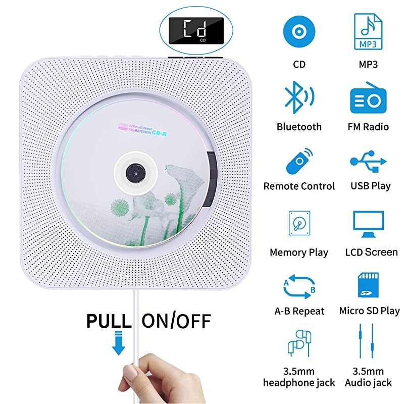 CD Player with Bluetooth, Wall Mounted CD Player with Remote Control Built-in HiFi Speakers FM Radio, Music CD Player Support SD Card USB Playing 3.5mm Headphones AUX in/Out (CD Player)