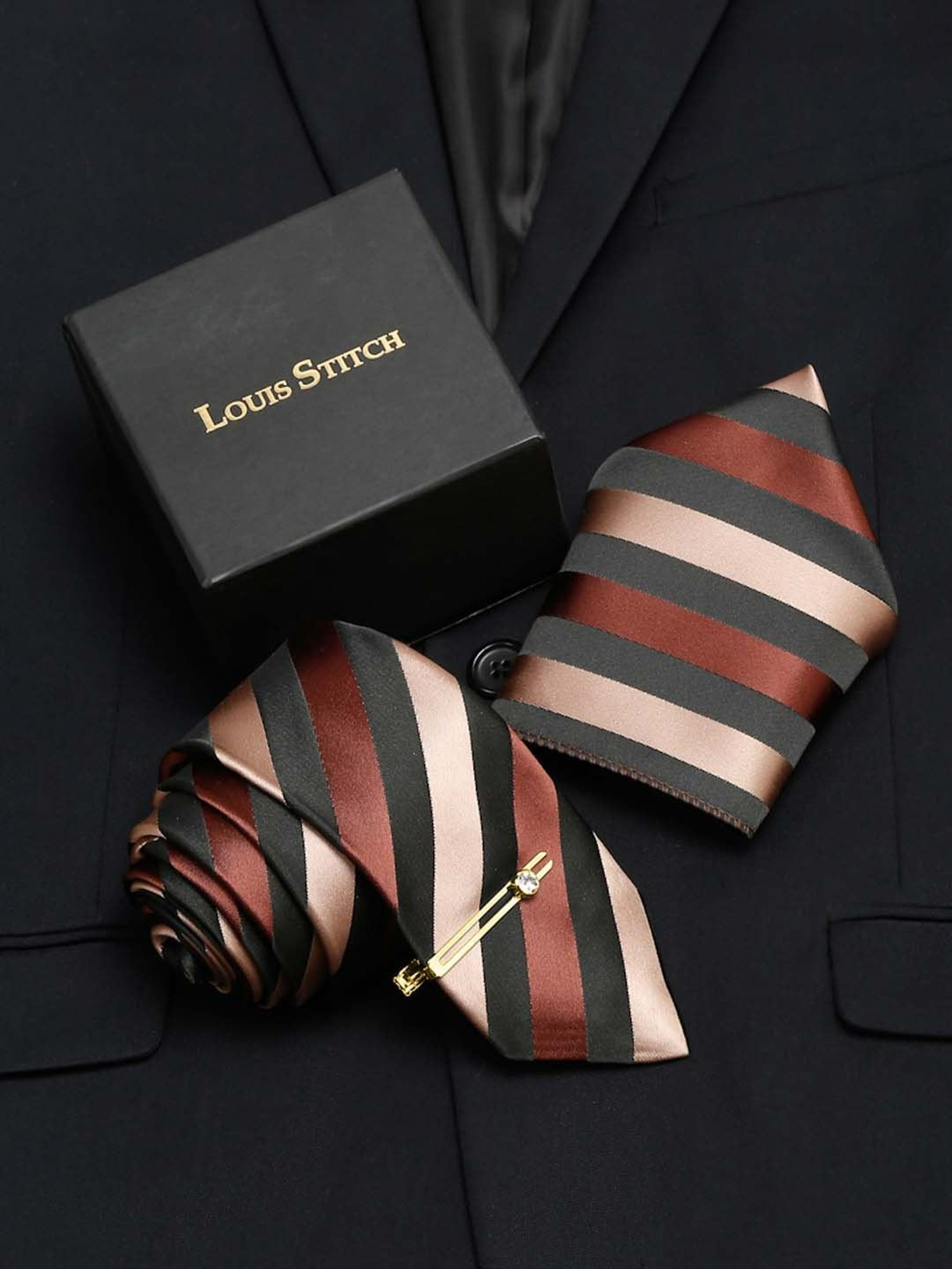 Louis Stitch Brown Striped Necktie Gift Set - Set of 3