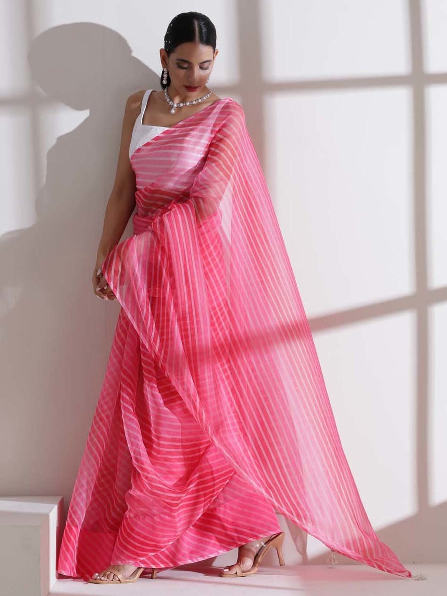 Swtantra Pink Organza Striped Saree