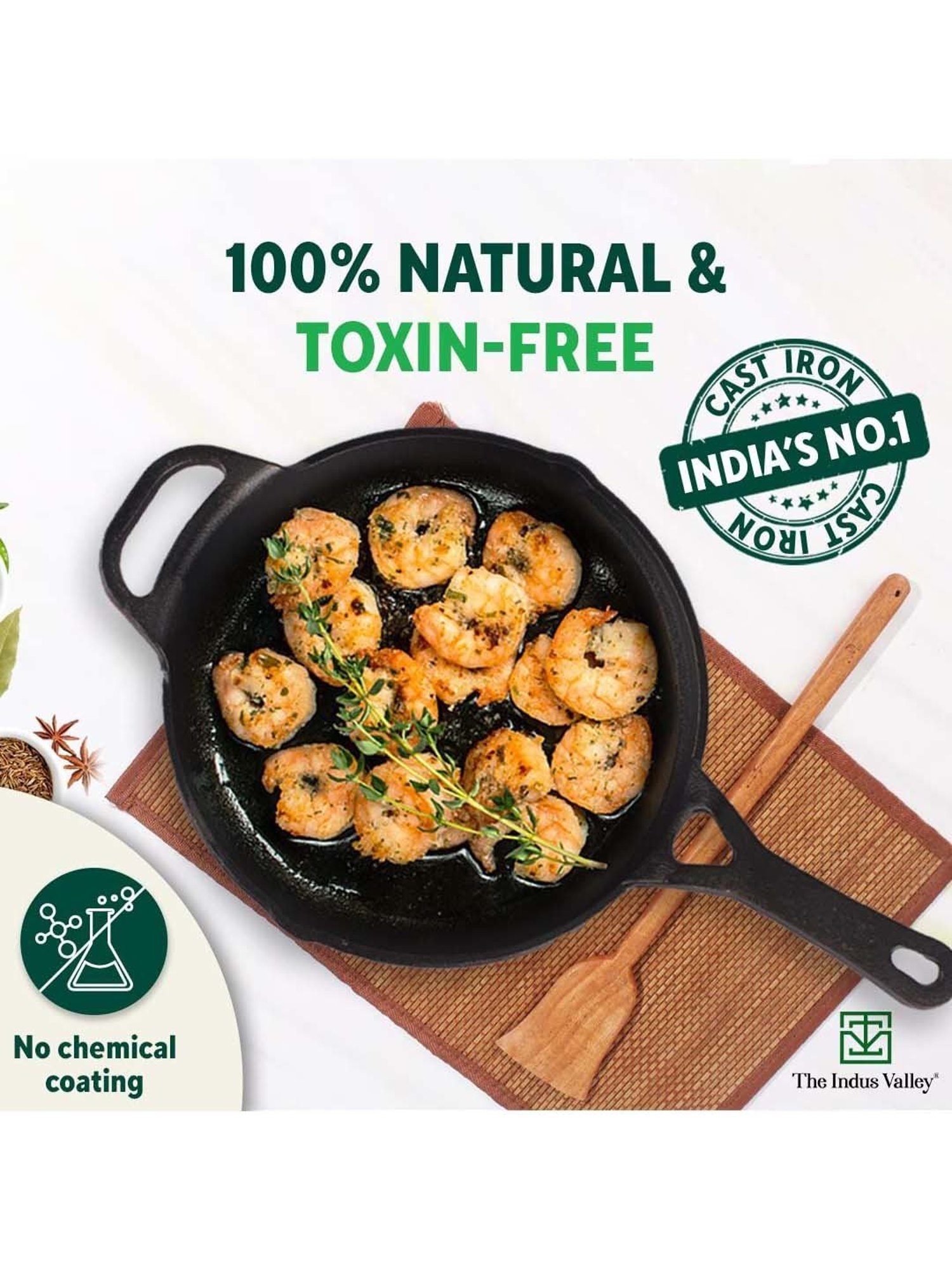 The Indus Valley Black Cast Iron 25.4 cm Fry Skillet With Long Handle (1.8 L)