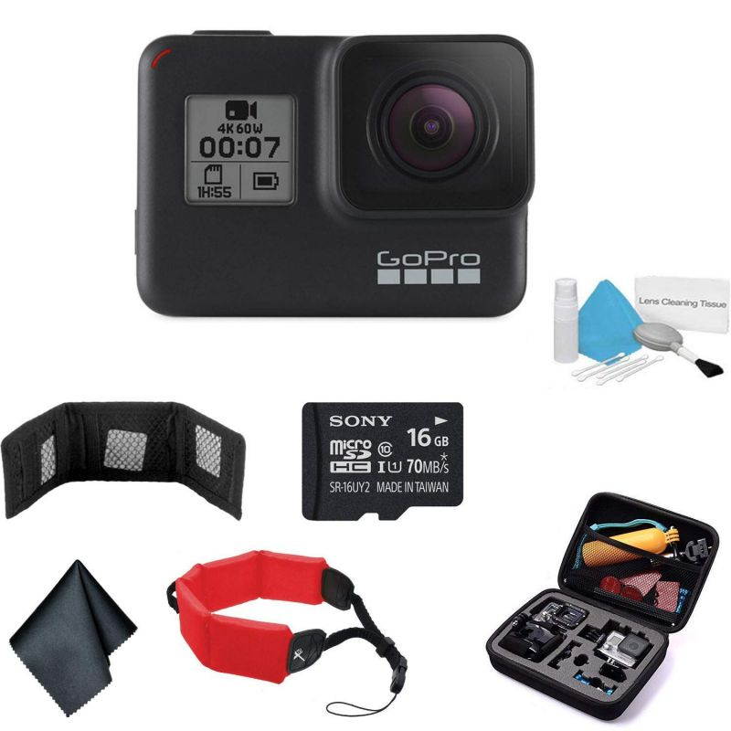 GoPro HERO7 (Black) Waterproof Digital Action Camera with Touch Screen 4K HD Video 12MP Photos Live Streaming Stabilization - Bundle with 16GB Memory Card + Floating Wrist Strap