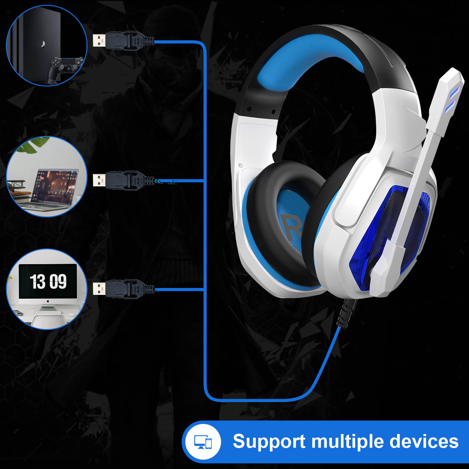 INMISS  MH901 7.1 Wired PC Gaming Headset,PS4 Gaming Headset High sound sensitivity Headphone with Mic for New Xbox One/Mac