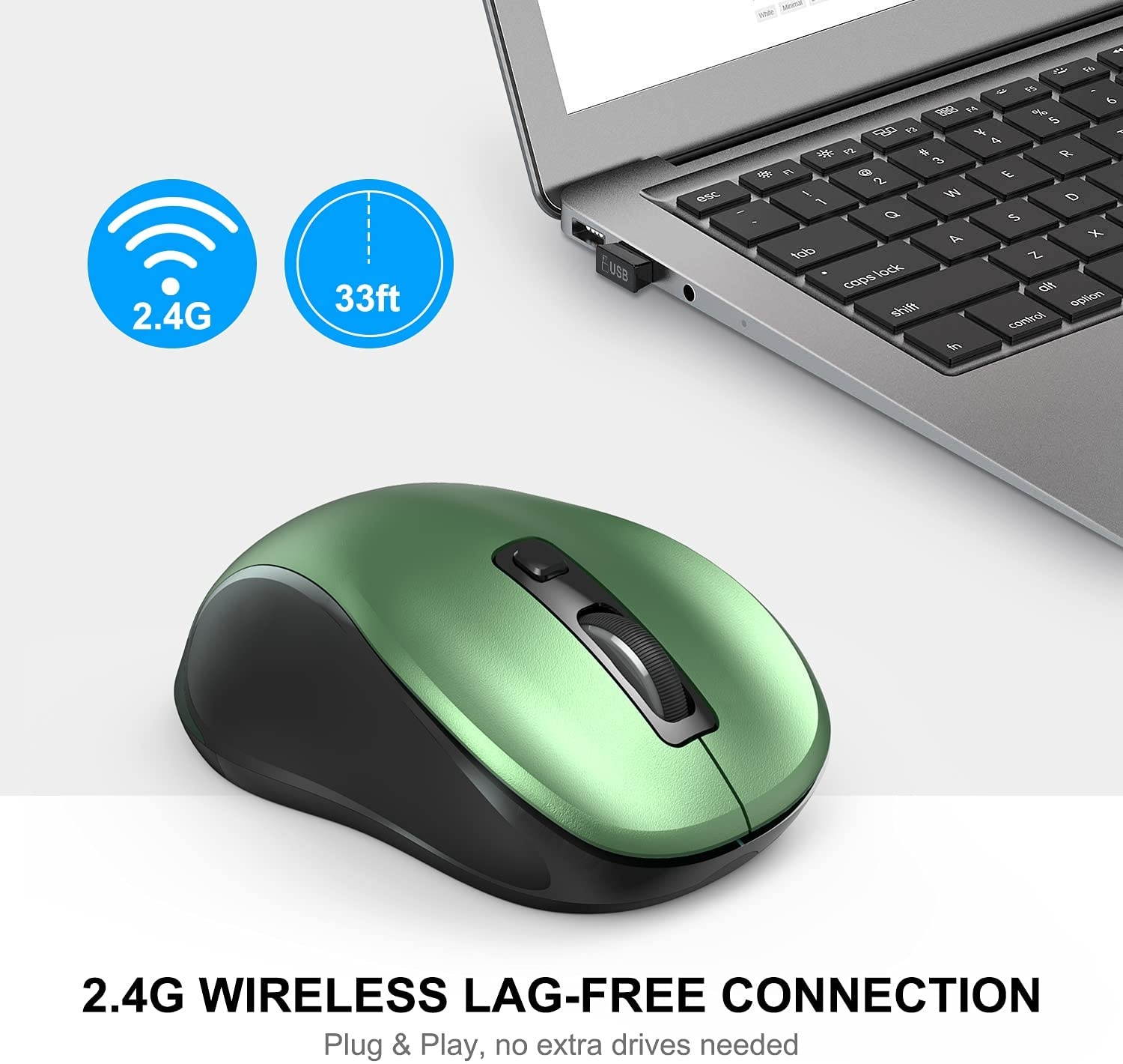 WisFox 2.4G Wireless Mouse for Laptop Ergonomic Computer Mouse with USB Receiver and 3 Adjustable Levels 6 Button Cordless Mouse Wireless Mice for Windows Mac PC Notebook (Metallic Green)