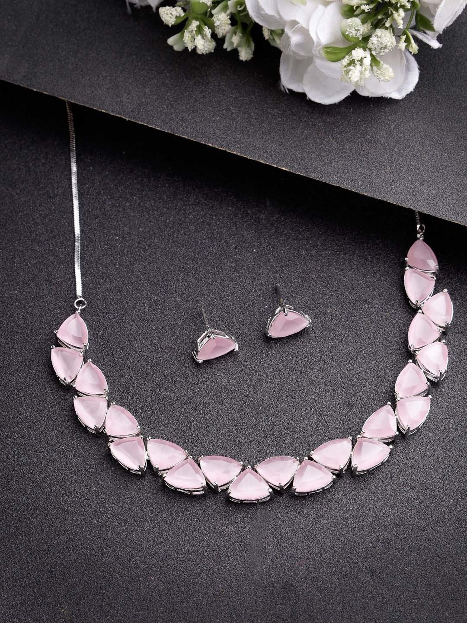 NVR Pink Artificial Stones Studded Handcrafted Jewellery Set for Women