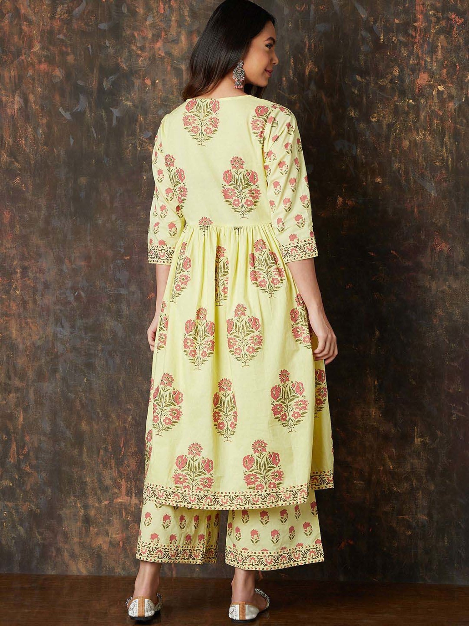 Melange by Lifestyle Yellow Cotton Printed Kurta Palazzo Set