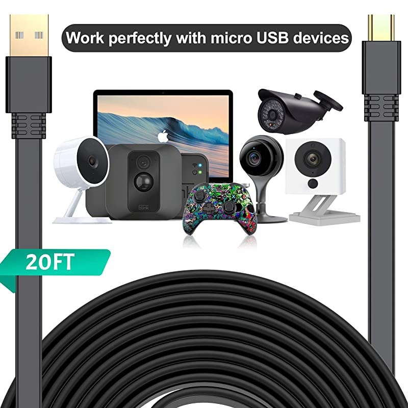 Micro USB Power Cable 20 FT 2 PackFlat Micro USB Charging Power CordCharger for Wyze Cam Pan 25Nest Yi Cam 15Blink XT XT2 Mini Camera 16Furbo DogArlo QZmodoNetvueXbox One Controller