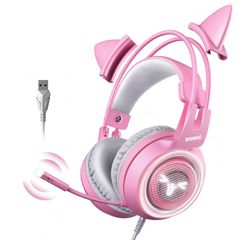 SOMIC Pink Stereo Gaming Headset with Mic for PS4, Xbox One, PC, Mobile Phone, 3.5MM Sound Detachable Cat Ear Headphones Lightweight Self-Adjusting Over Ear Headphones for Women