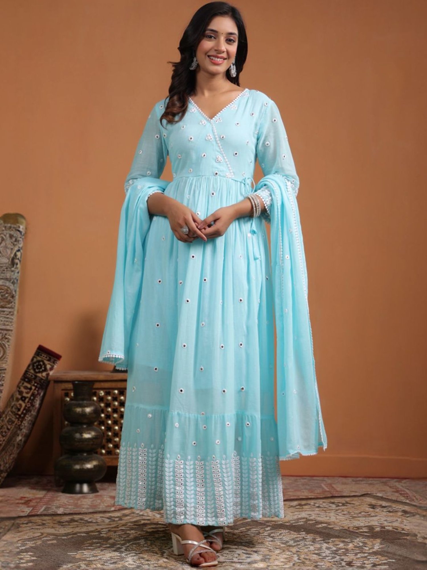 SCAKHI Aqua Blue Mulmul Foilage Mirror Embroidered Angrakha Kurta With Pants And Dupatta