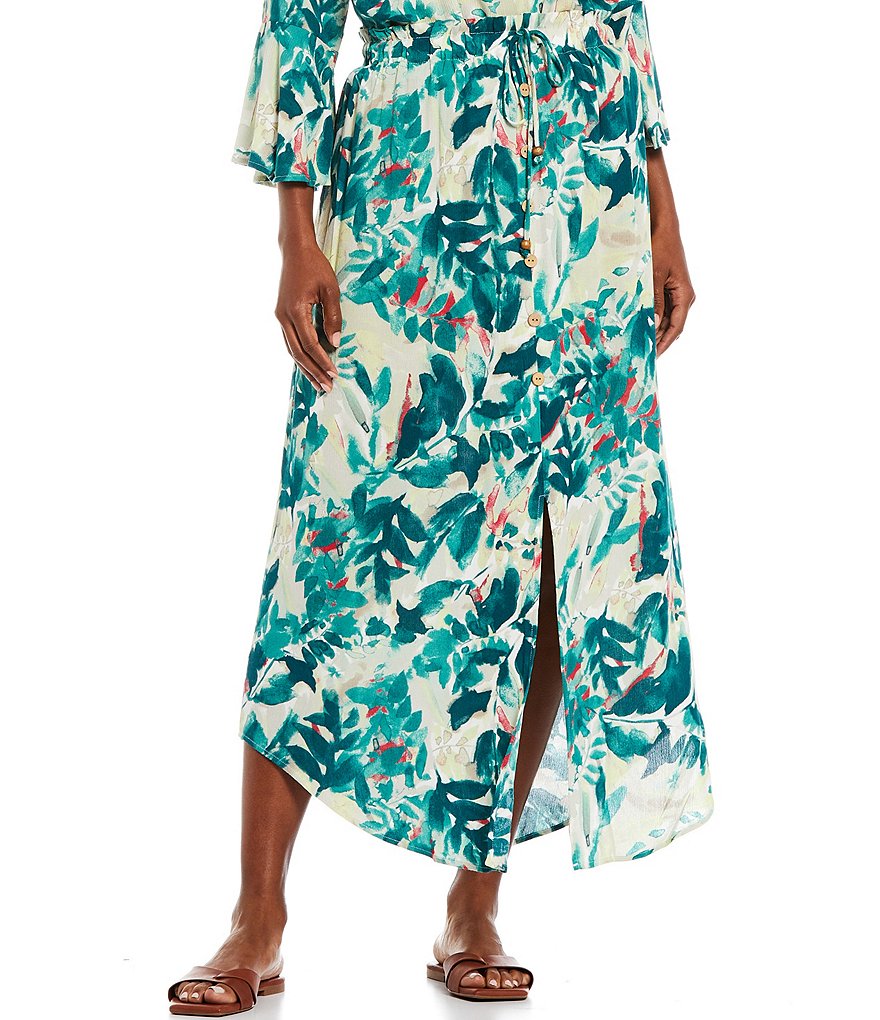 I.N. Studio Tropical Watercolor Floral Print Crepon Tie Front Button Detail Slit Front Pull-On Skirt