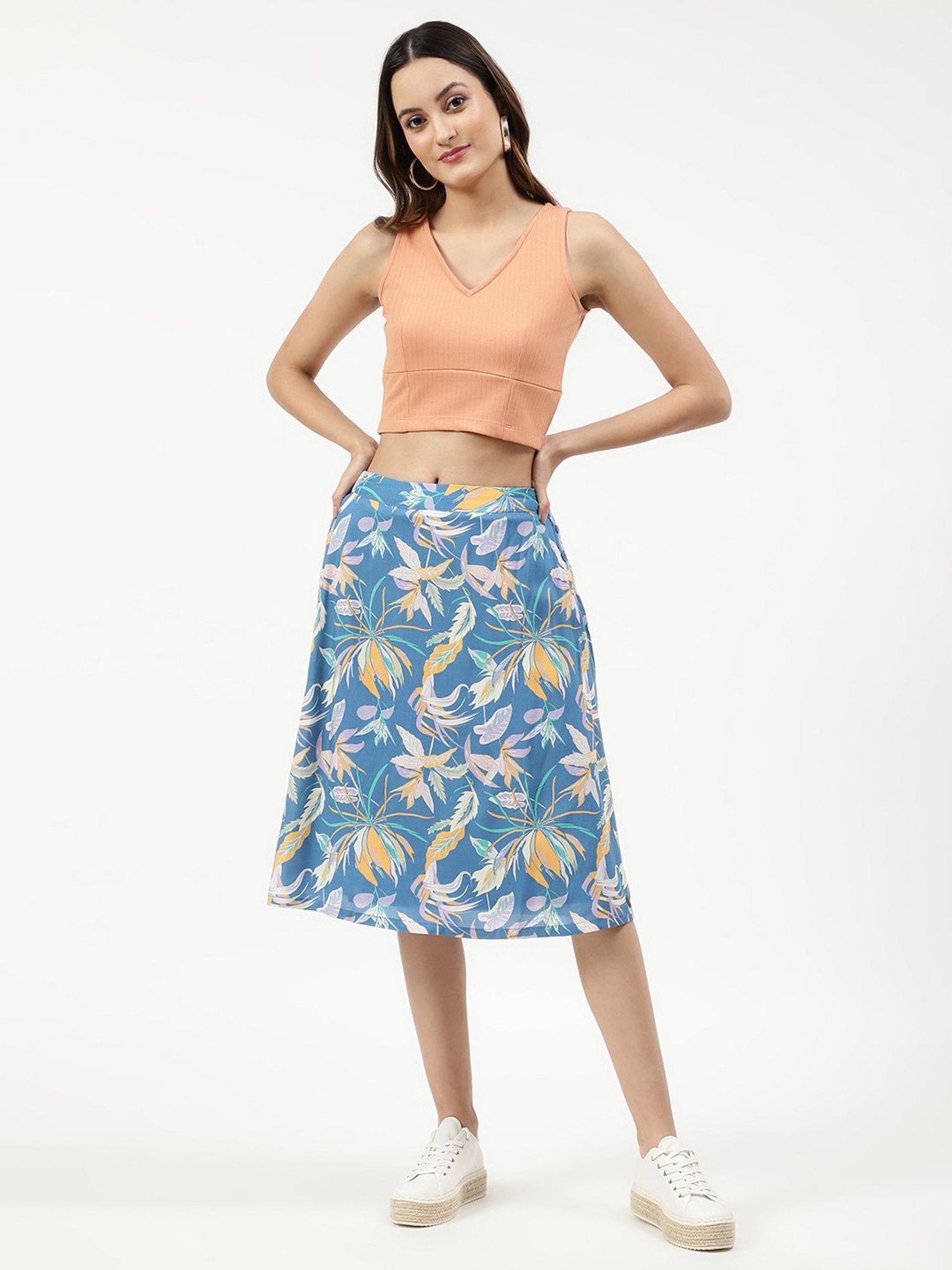 Elle Blue Cotton Floral Print Skirt