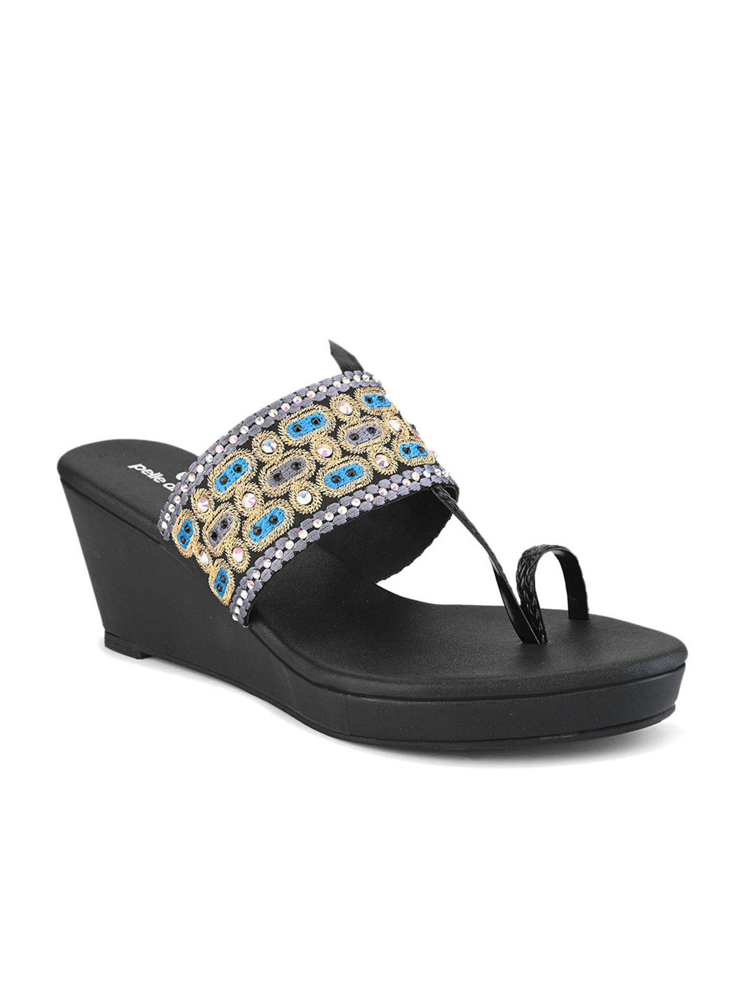Pelle Albero Women's Black Toe Ring Wedges