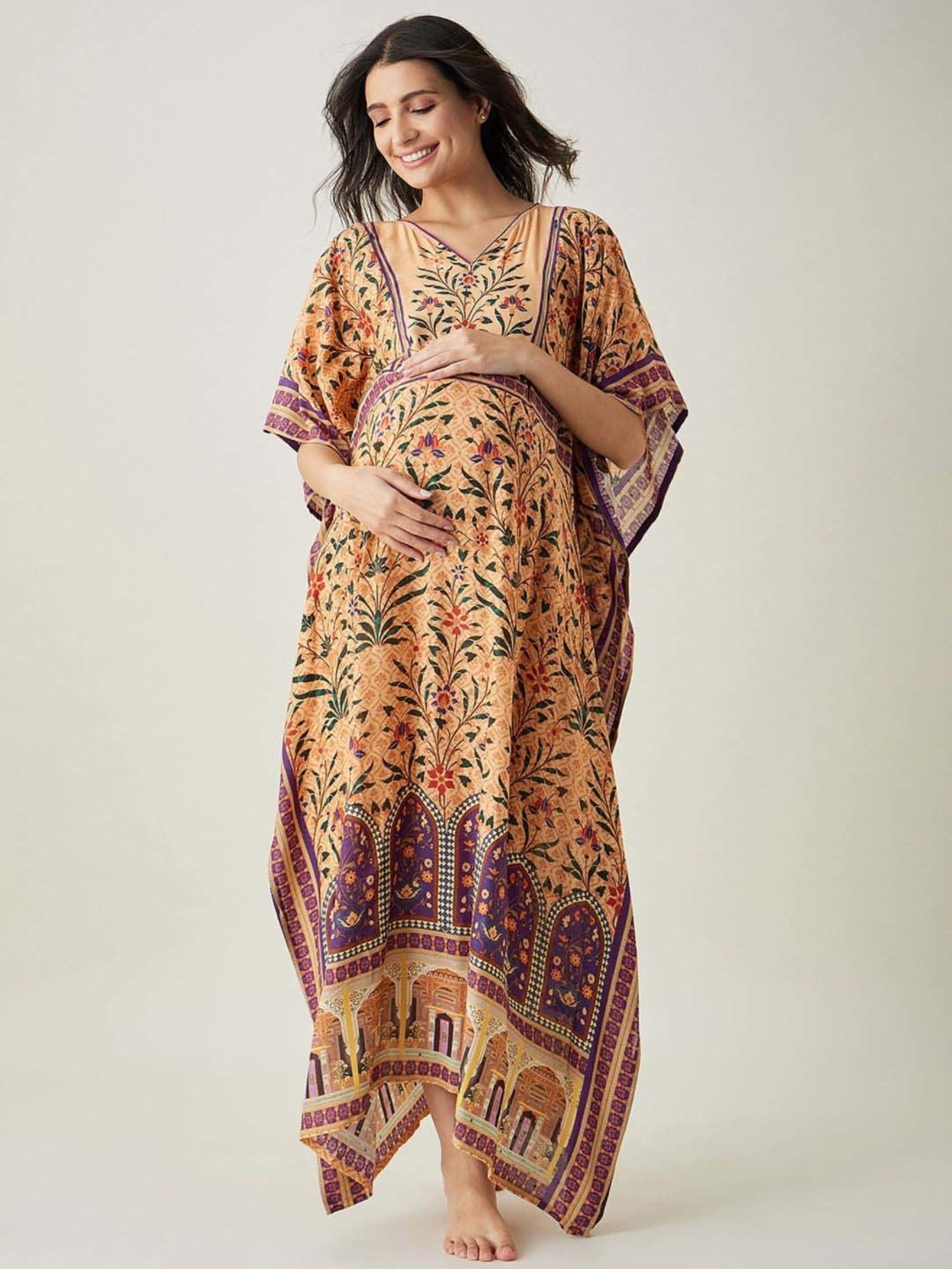 The Kaftan Company Beige Printed Maternity Kaftan