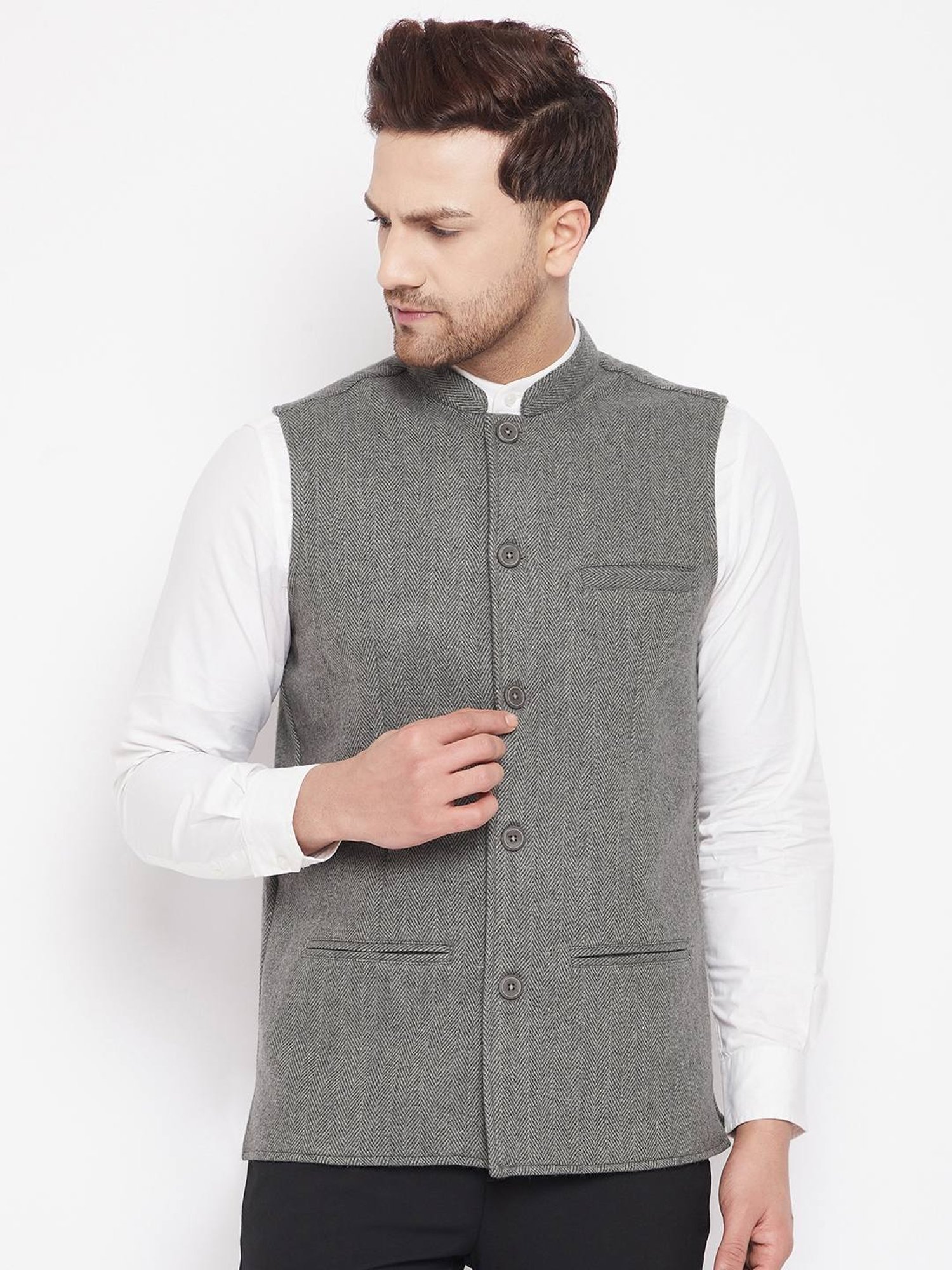 Even Grey Regular Fit Texture Nehru Jacket