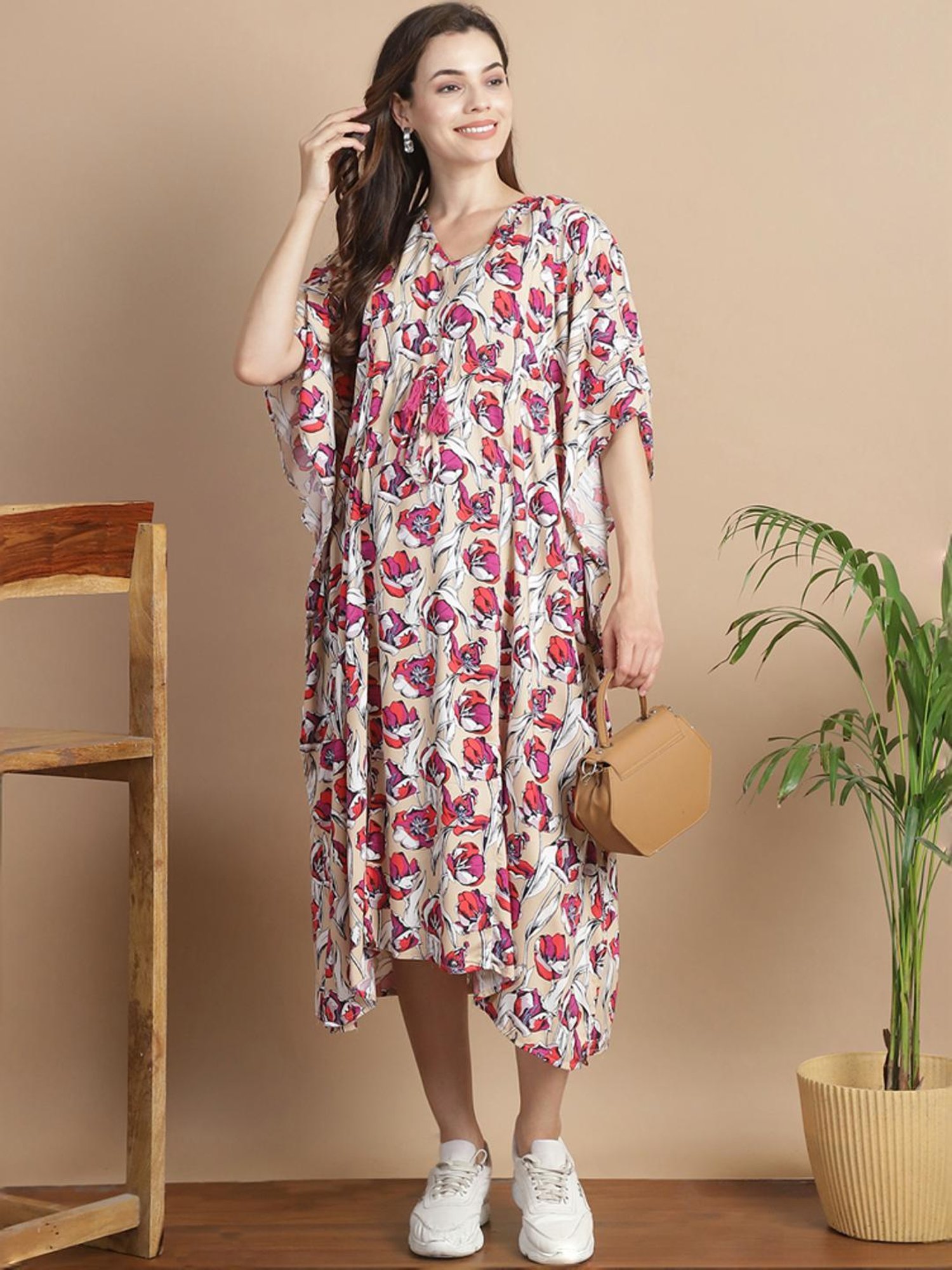 Secret Wish Beige Floral Print Kaftan