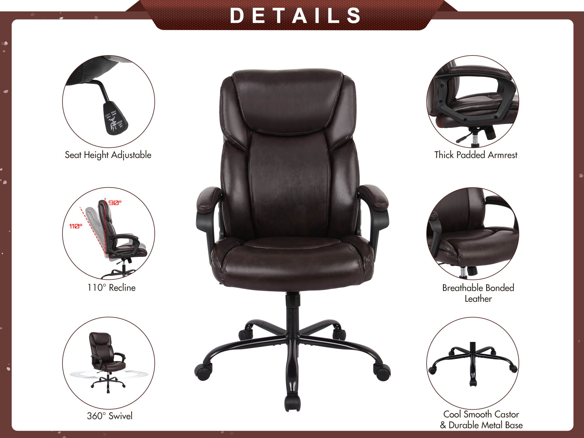 PU Leather Swivel Ergonomic Executive Office Chair - Computer Task Desk Chair,  Reclining Seat Height Adjustable Lumbar Support
