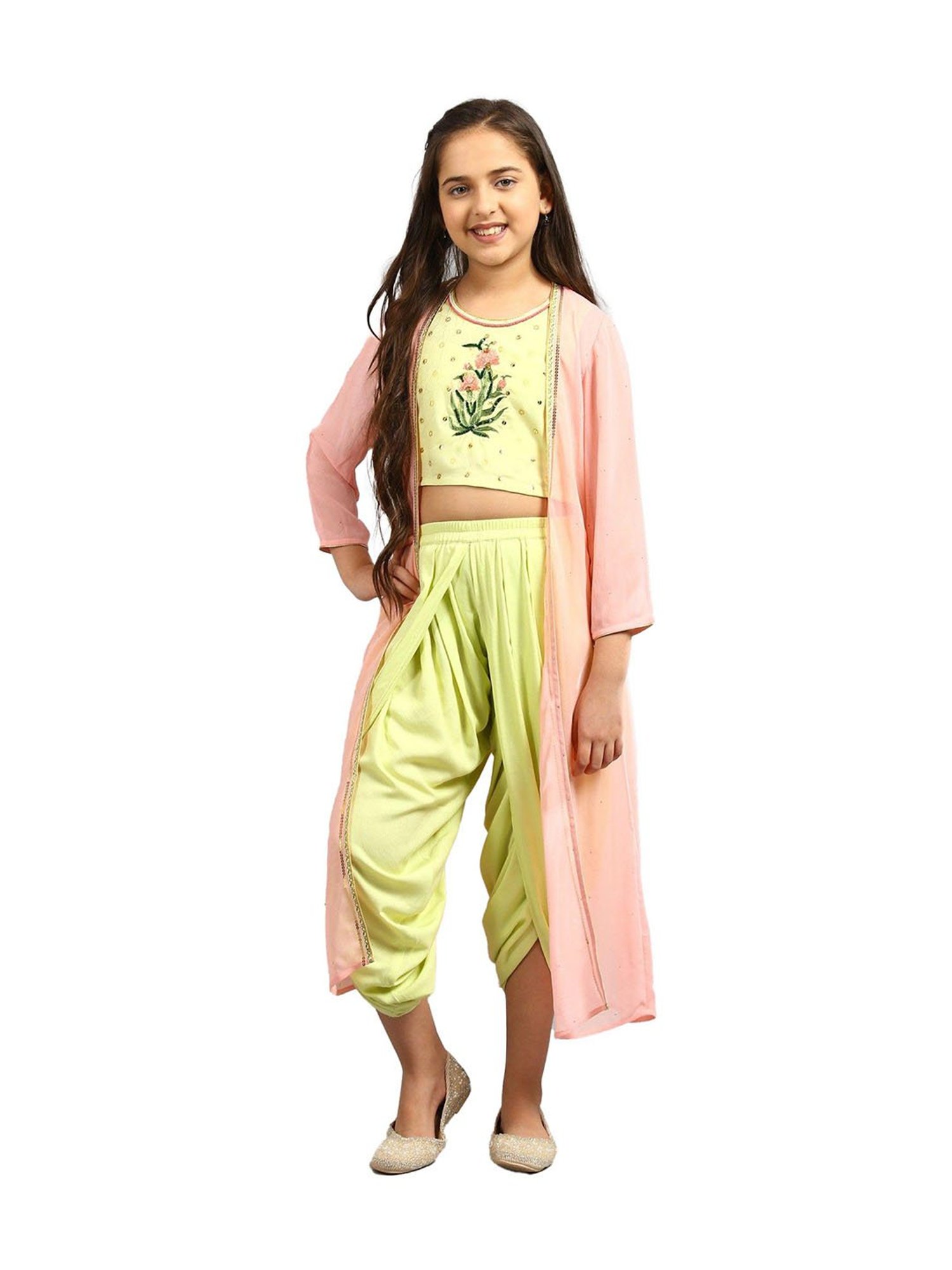 Aurelia Kids Green & Pink Embroidered Top, Salwar with Jacket